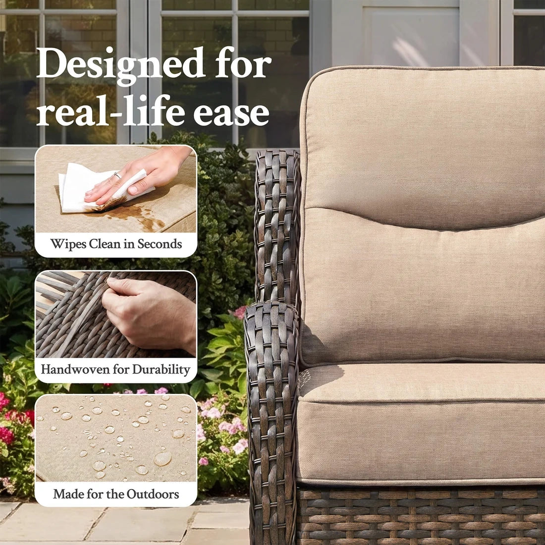 Hawthorne Sand Wicker Furniture Patio Sofa And Swivel Glider Chairs With 6-Inch Cushions