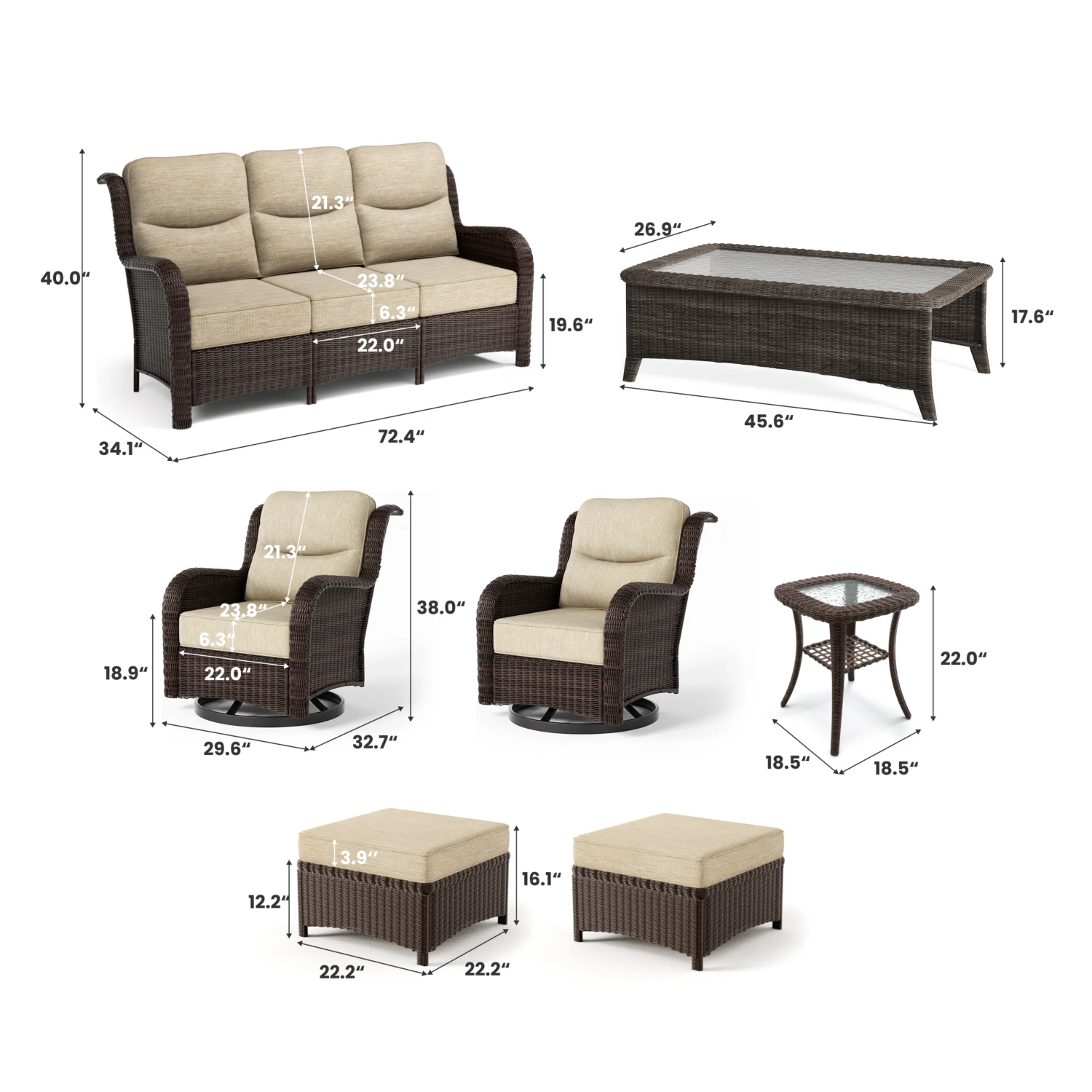 Ardenelle Luxury 7 Piece Patio Wicker Sofa Set With Ottomans, Tables And Covers