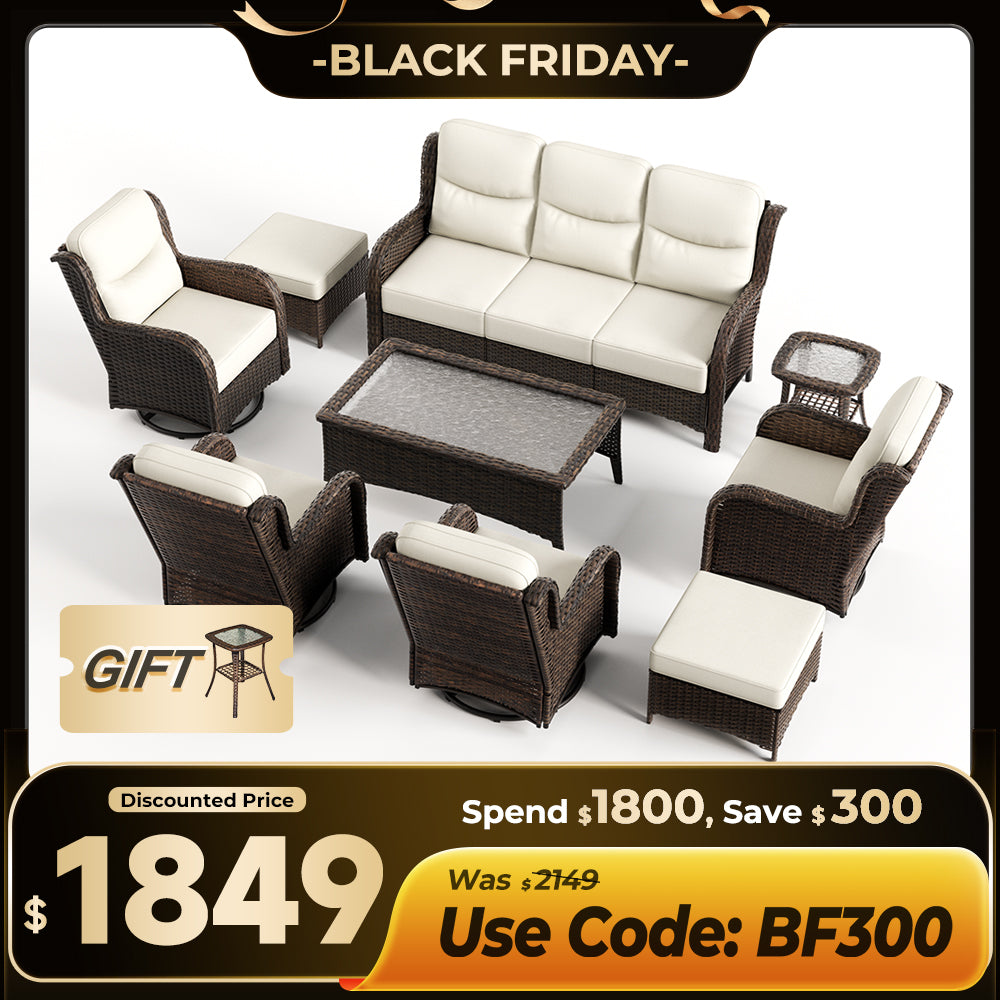【Extra $300 OFF | CODE: BF300】Hawthorne 9 Pieces All Weather Outdoor Wicker Sofa Set with Tables and Cushions for Backyard