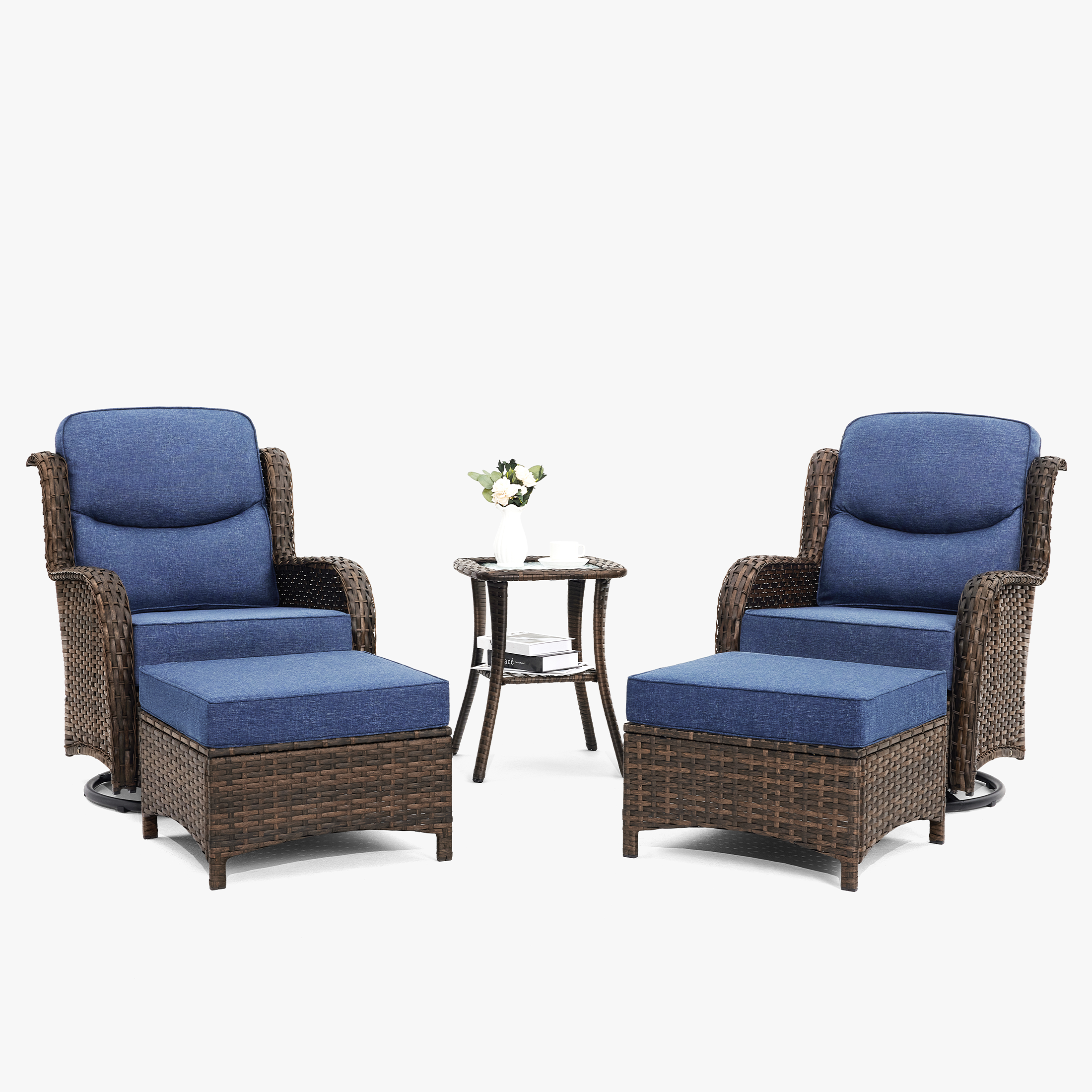 Hawthorne 5 Piece Outdoor Wicker Conversation Set With Side Table & Ottomans For Balcony