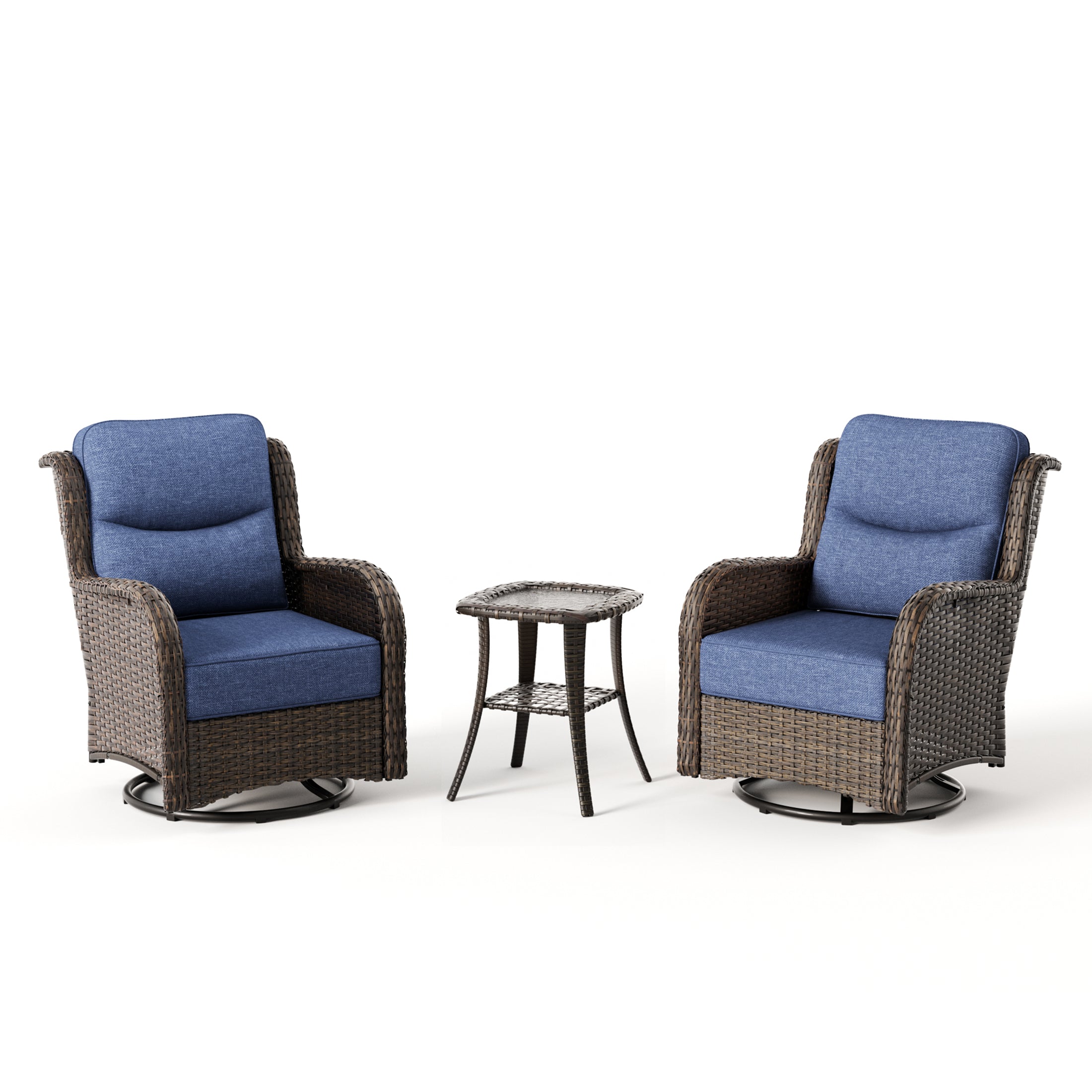 Hawthorne 3 Piece Outdoor Wicker 360° Swivel Conversation Set With Cushions & Side Table For Porch