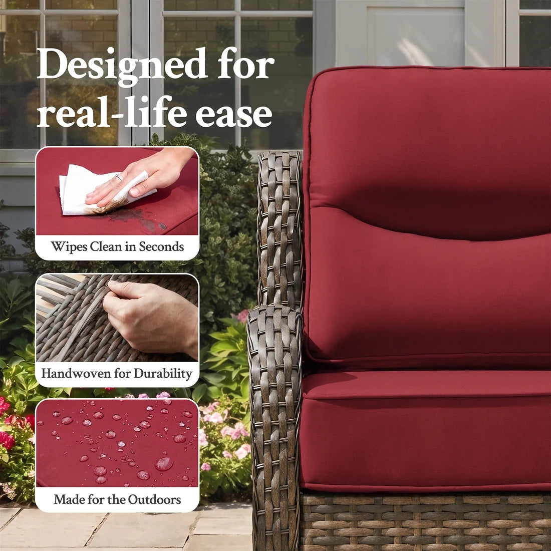 Hawthorne Wicker Furniture Patio Red Sofa And Swivel Glider Chairs With 6-Inch Cushions