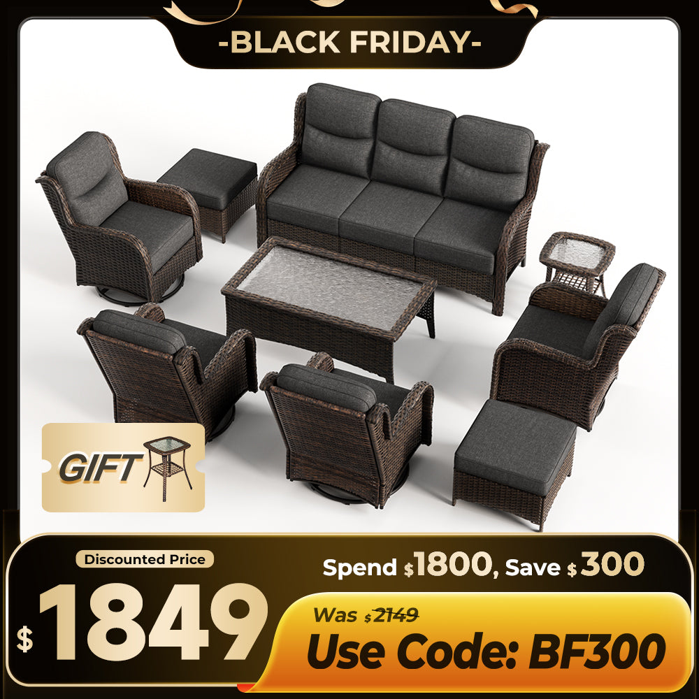 【Extra $300 OFF | CODE: BF300】Hawthorne 9 Pieces All Weather Outdoor Wicker Sofa Set with Tables and Cushions for Backyard