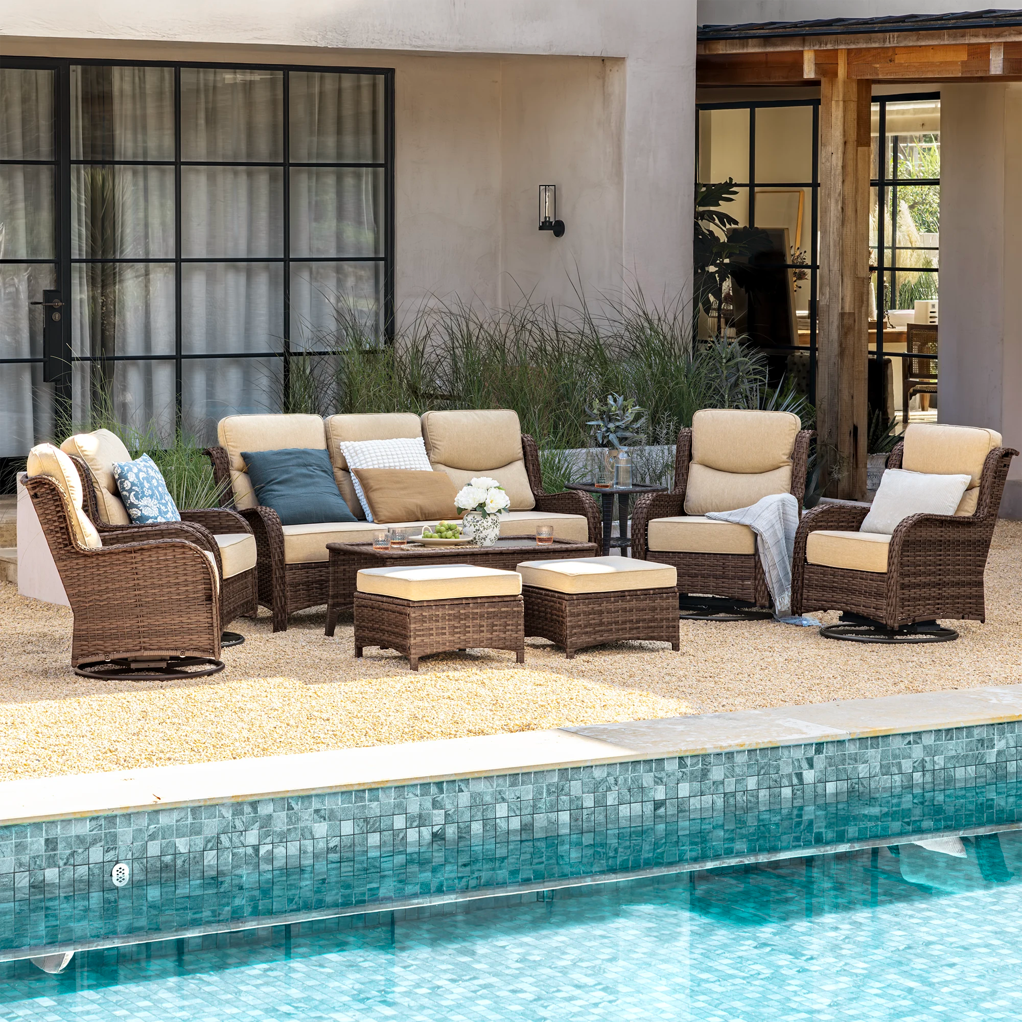 Hawthorne 9 Pieces All Weather Outdoor Wicker Sofa Set with Tables and Cushions for Backyard