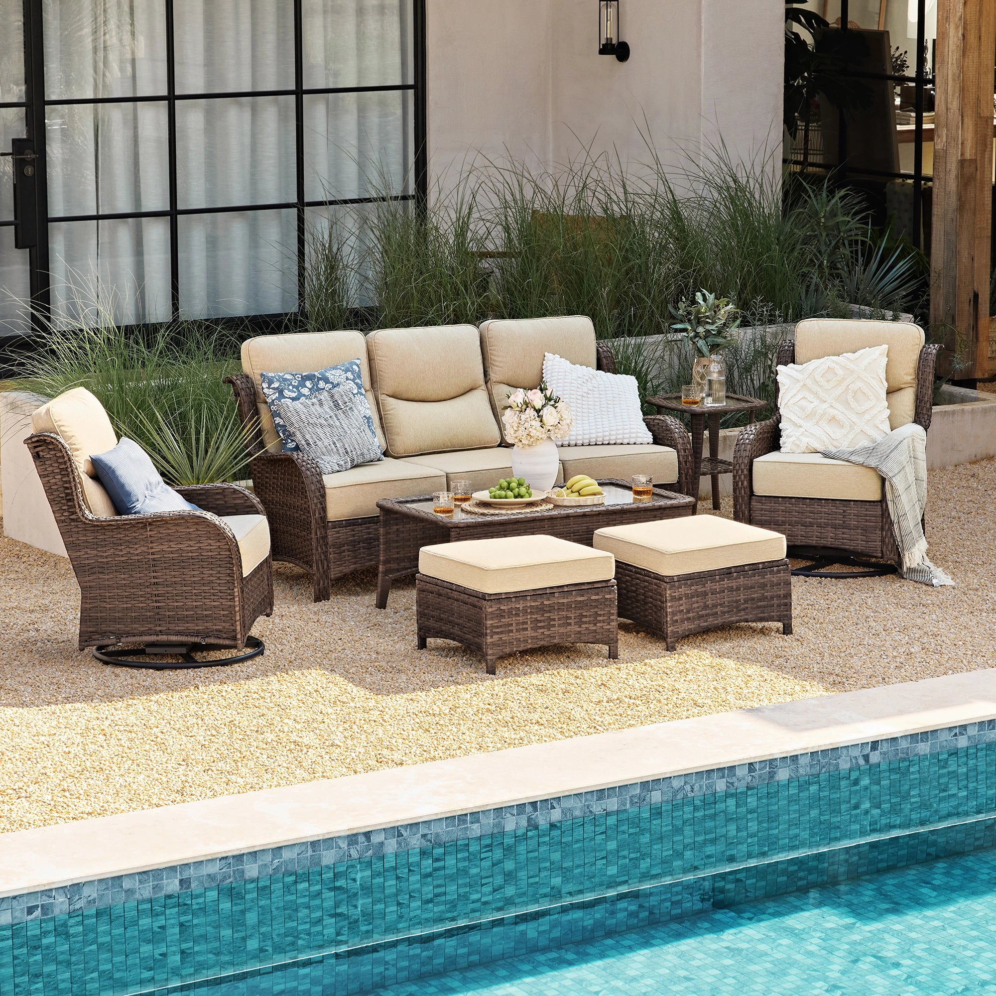 Hawthorne Sand Wicker Furniture Patio Sofa And Swivel Glider Chairs With 6-Inch Cushions