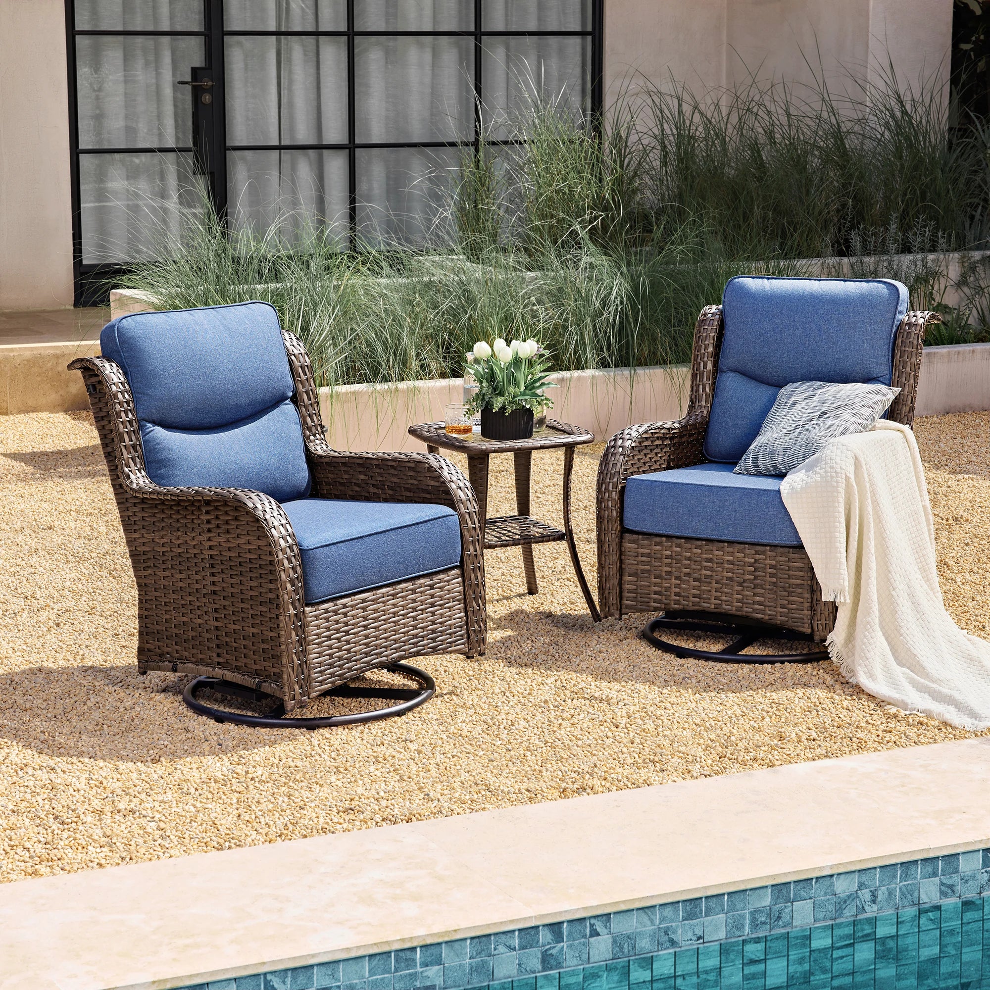 Hawthorne 3 Piece Outdoor Wicker 360° Swivel Conversation Set With Cushions & Side Table For Porch
