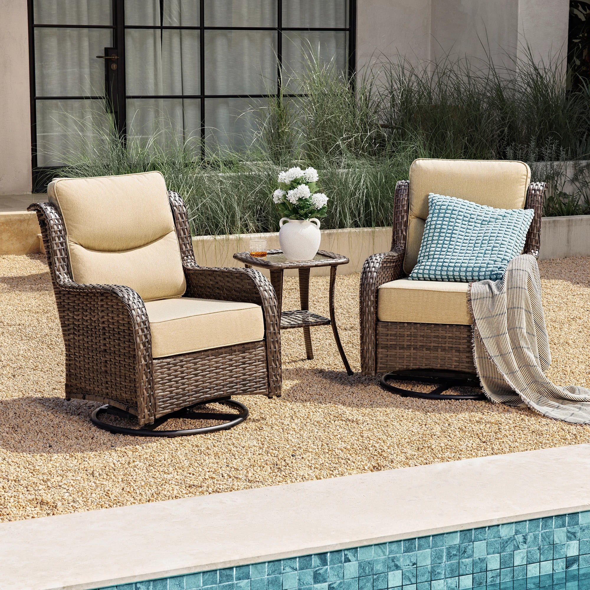 Hawthorne 3 Piece Outdoor Wicker 360° Swivel Conversation Set With Cushions & Side Table For Porch
