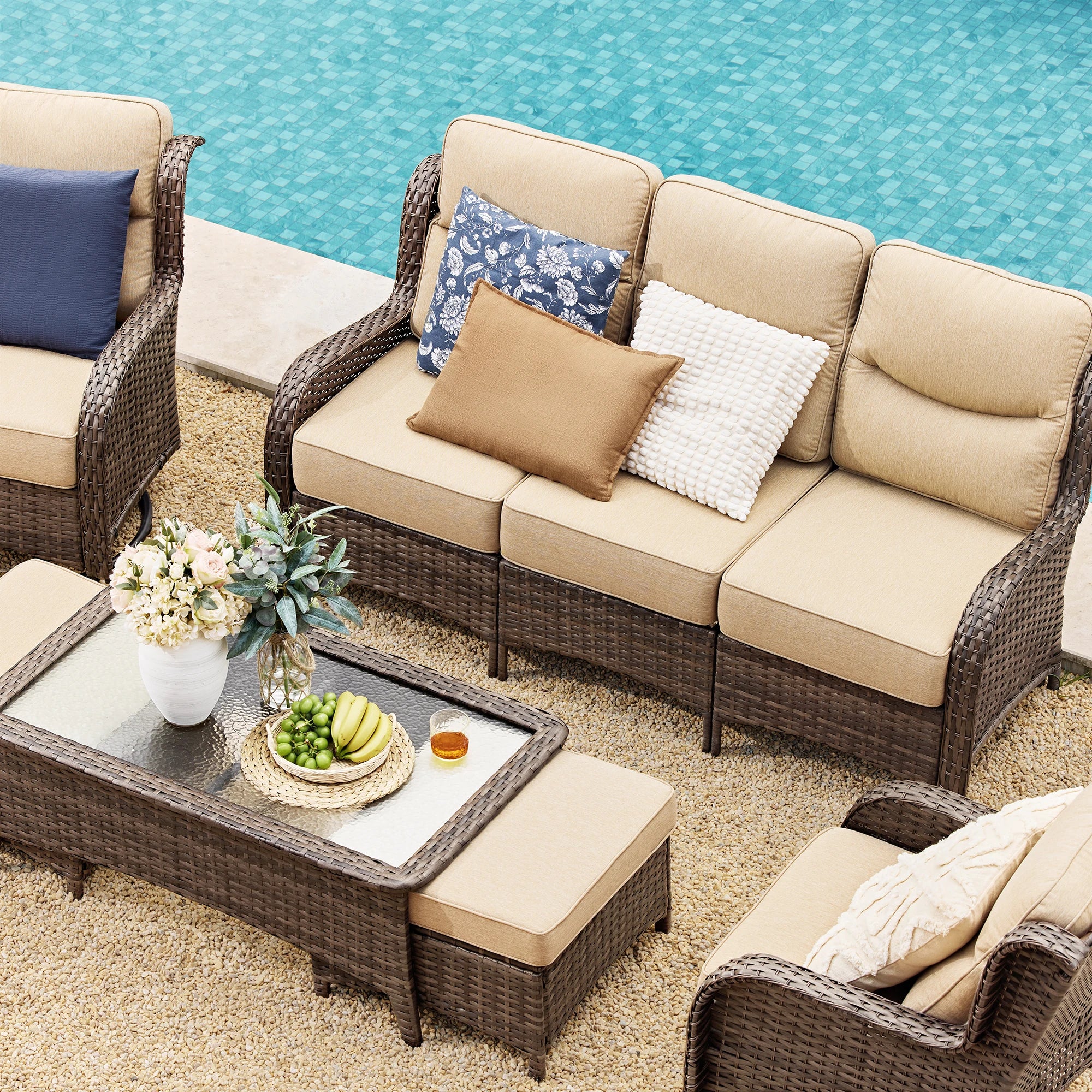 Hawthorne 5 Piece Patio Rattan Sofa Set with Swivel Chairs & Ottomans