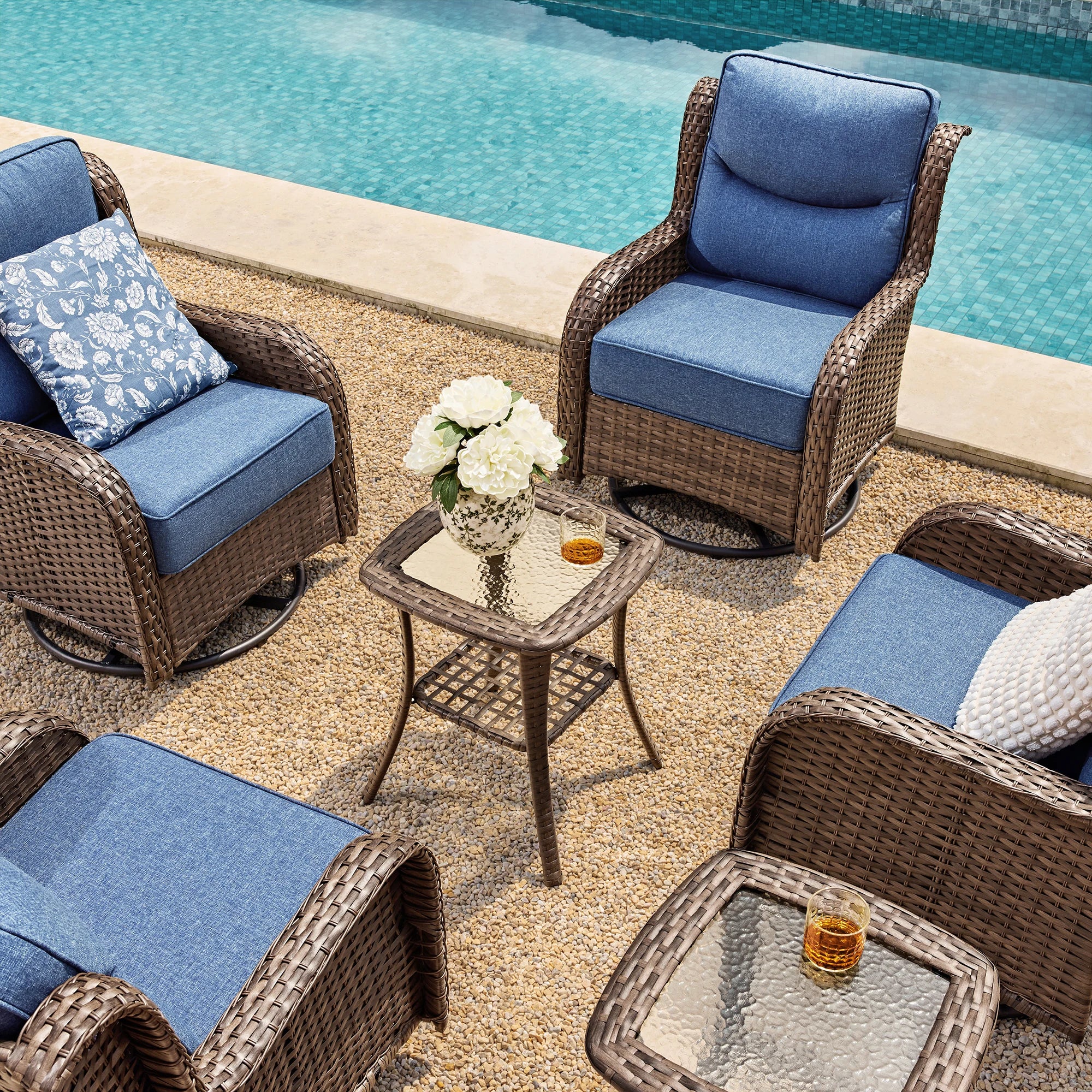 Hawthorne 8 Piece Patio Rattan Swivel Gliding Conversation Set With Side Tables & Ottomans For Backyard