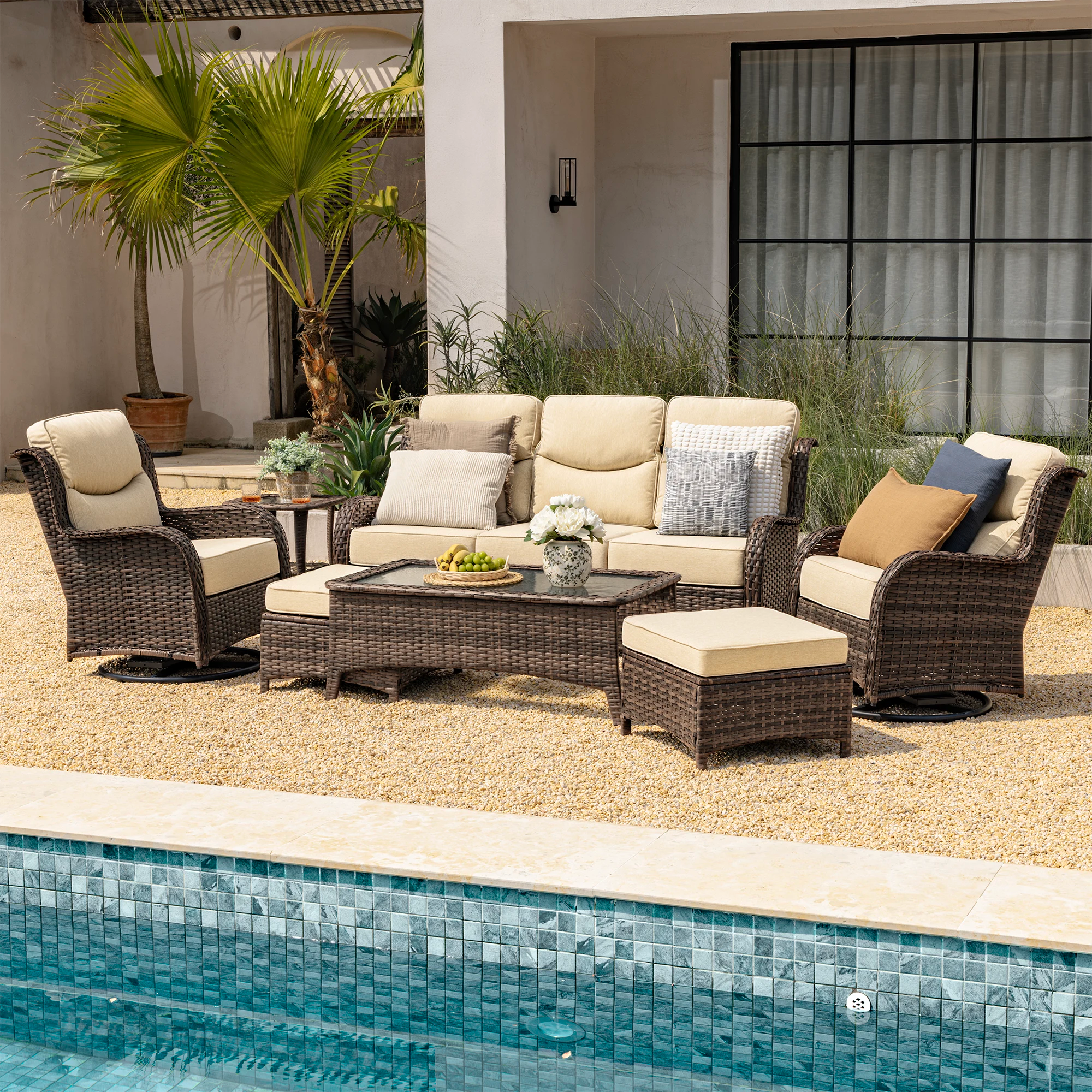 Hawthorne 9 Piece All Weather Outdoor Wicker Furniture Set With Removable khaki Covers