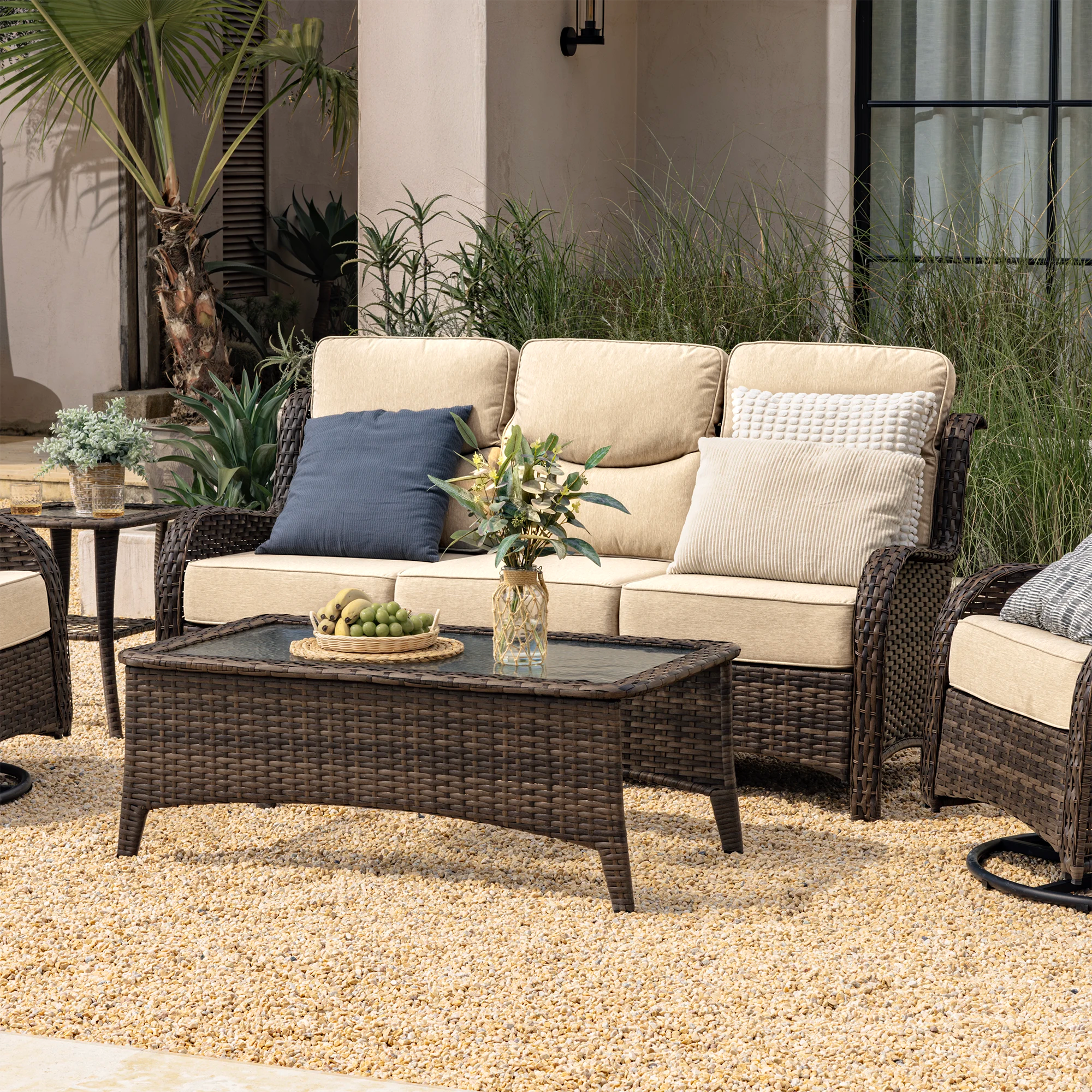 Hawthorne Patio Rattan Sand 3 Seater Sofa With High Back Design & 6-Inch Cushions