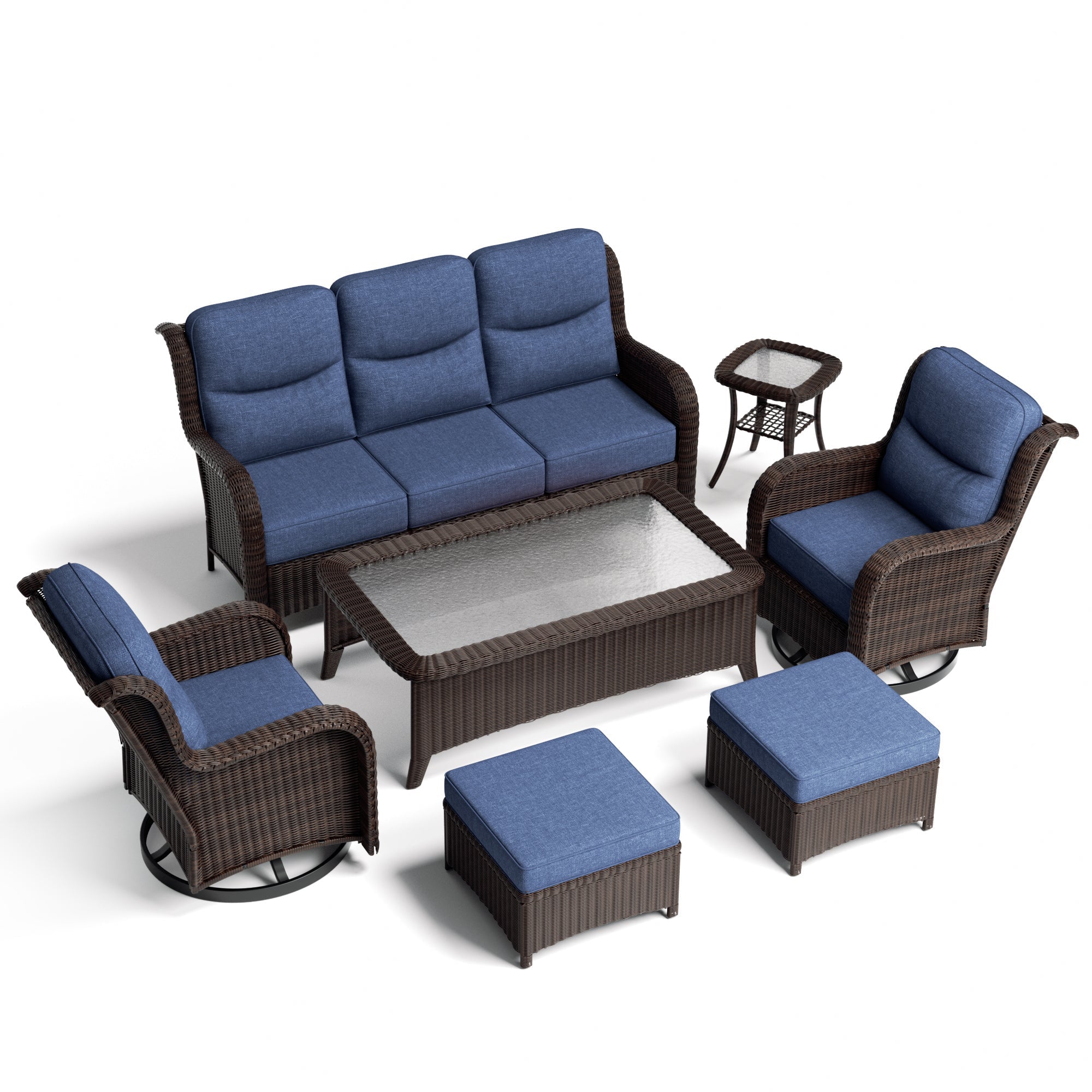 Ardenelle Luxury 7 Piece Patio Wicker Sofa Set With Ottomans, Tables And Covers