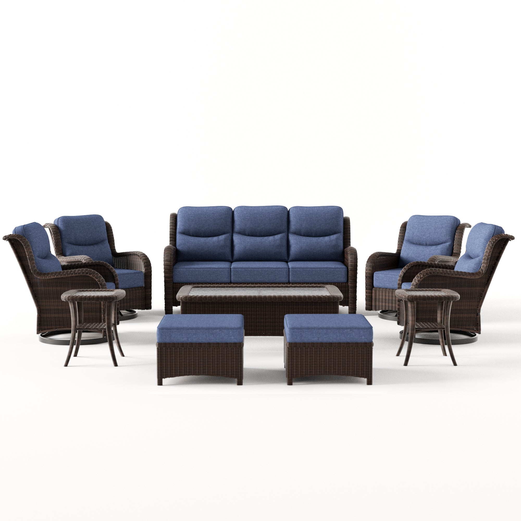 Ardenelle Luxury 9 Piece Patio Wicker Sofa Set With Ottomans, Tables And Covers