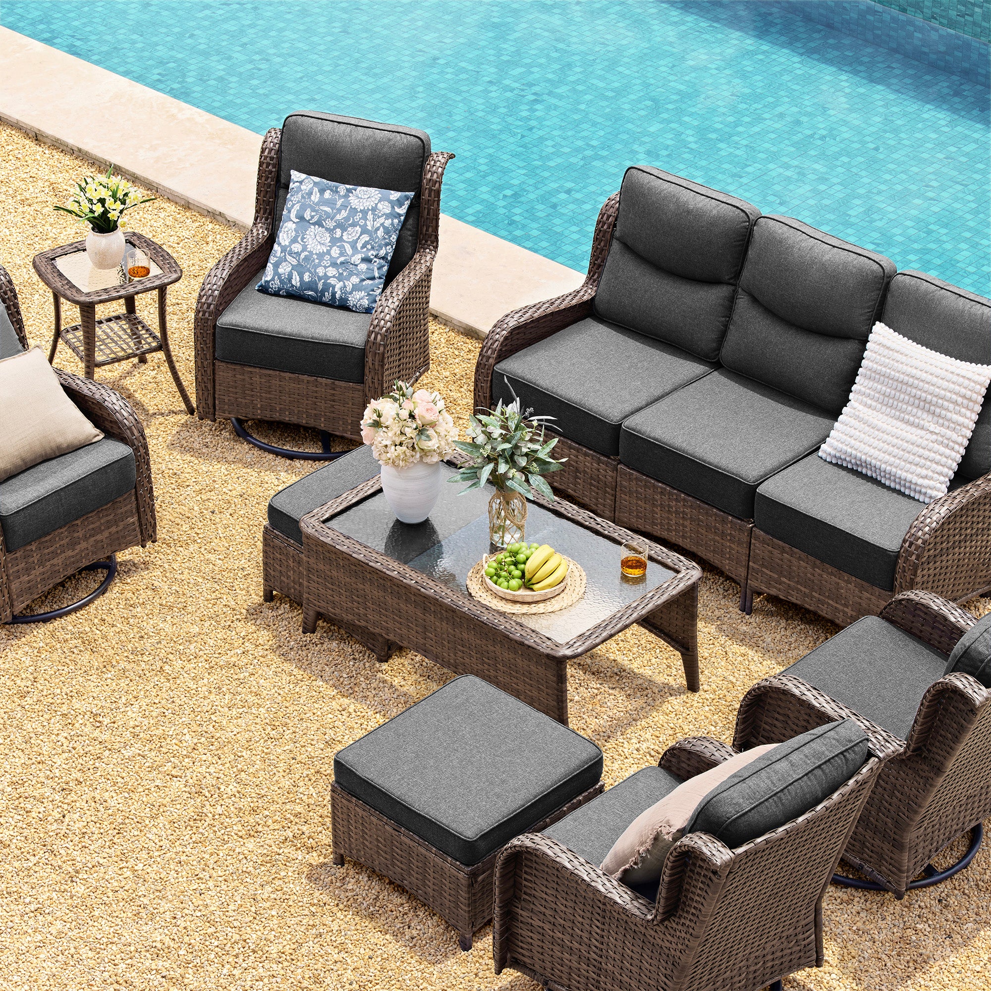 Hawthorne 9 Pieces All Weather Outdoor Wicker Sofa Set with Tables and Cushions for Backyard