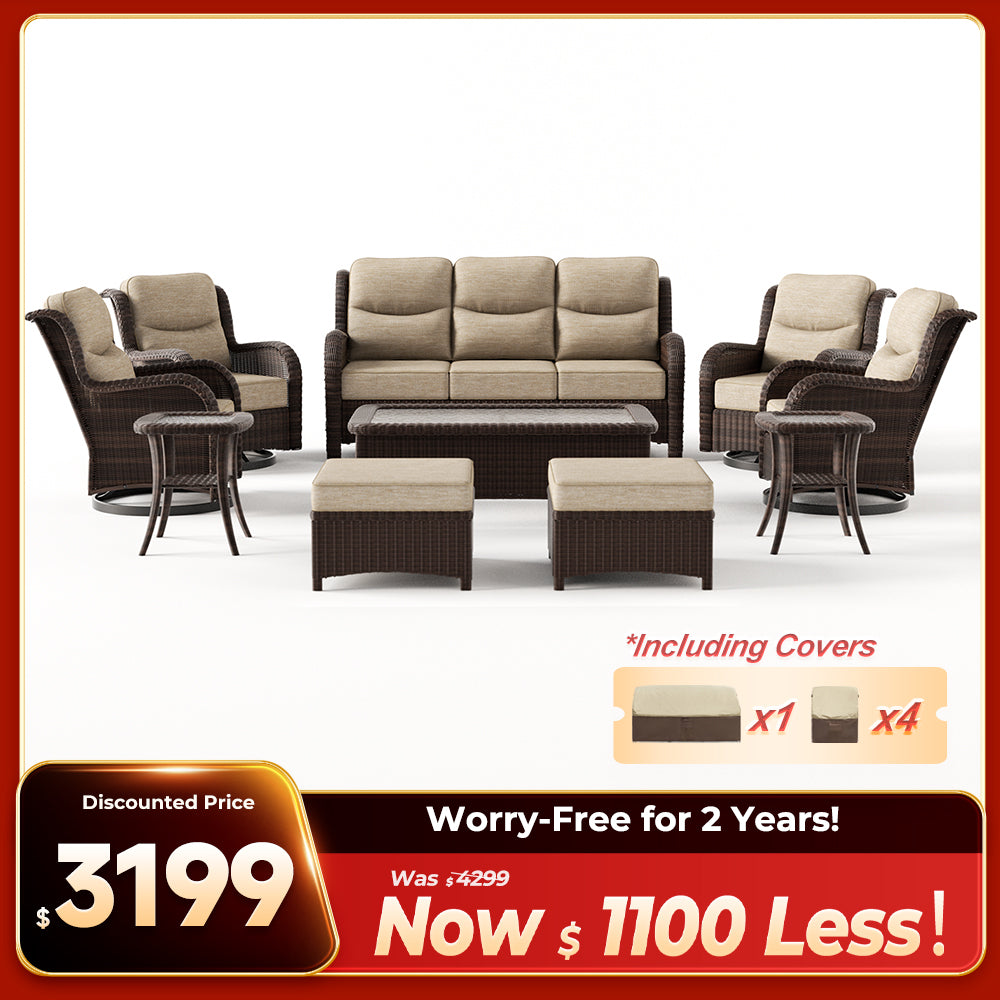Ardenelle Luxury 10 Piece Patio Wicker Sofa Set With Ottomans, Tables