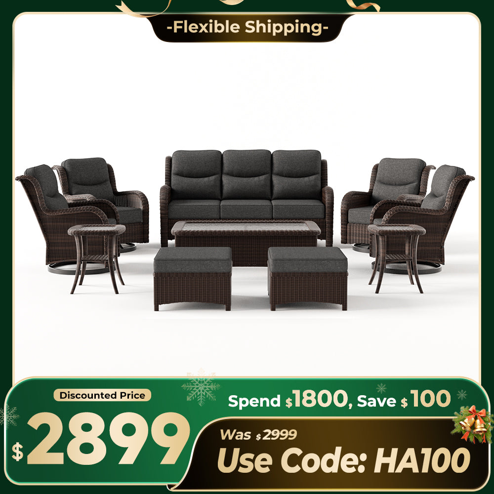 【Extra $100 OFF | CODE:HA100】Ardenelle Luxury 10 Piece Patio Wicker Sofa Set With Ottomans, Tables And Covers