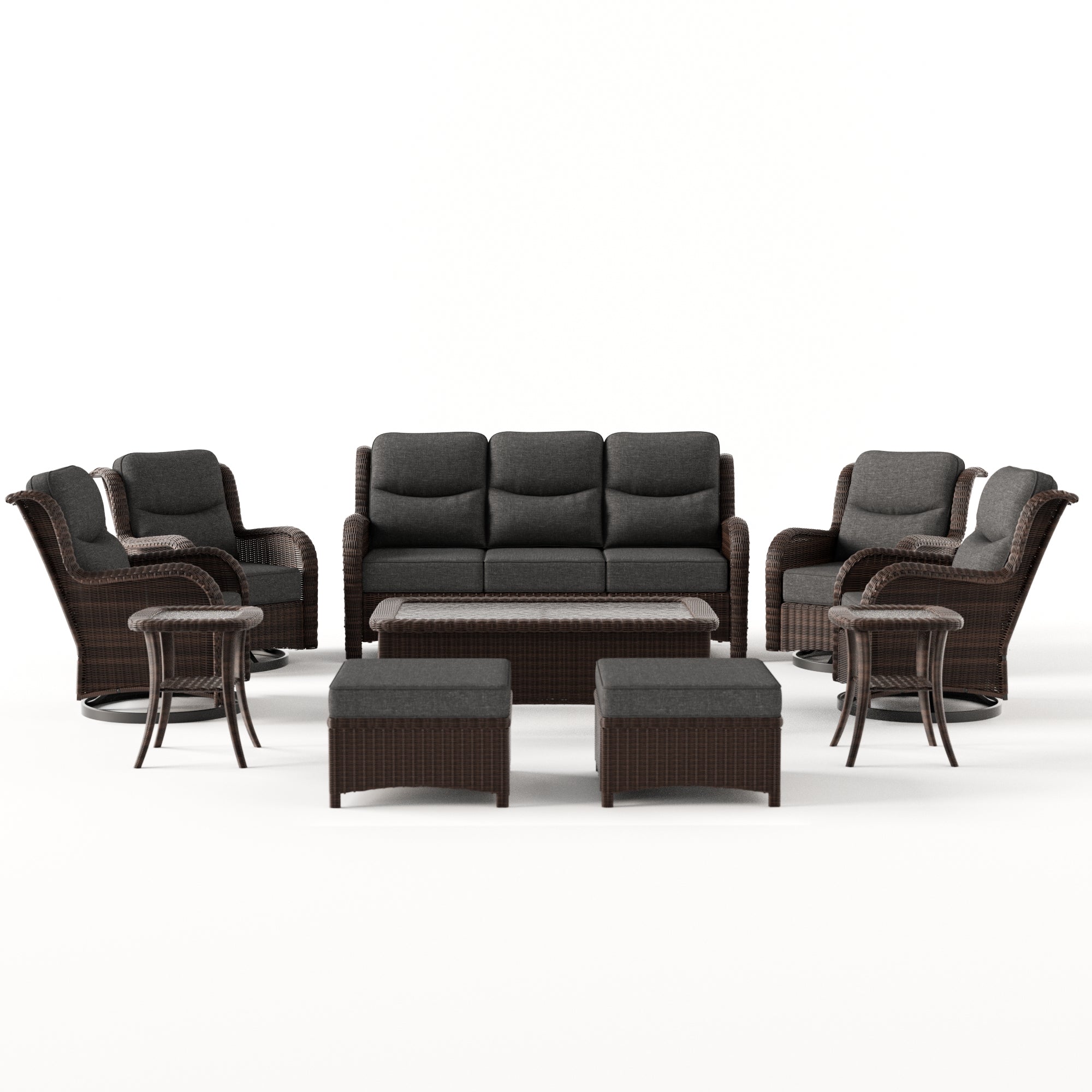 Ardenelle Luxury 9 Piece Patio Wicker Sofa Set With Ottomans, Tables And Covers