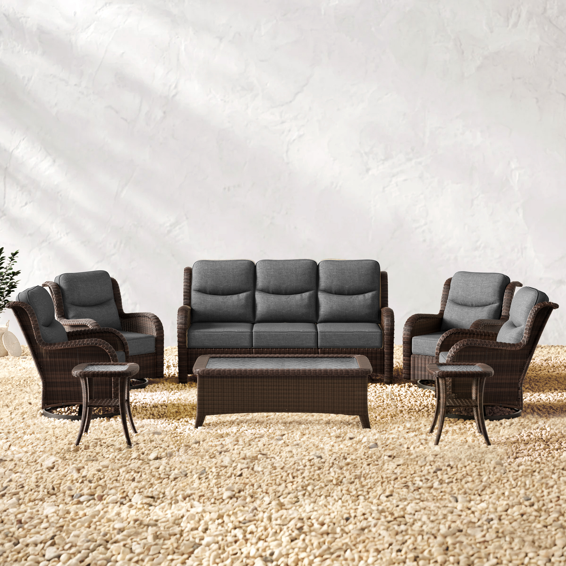Ardenelle Luxury 7 Piece Patio Wicker Dark Grey Sofa Set With Tables And Covers