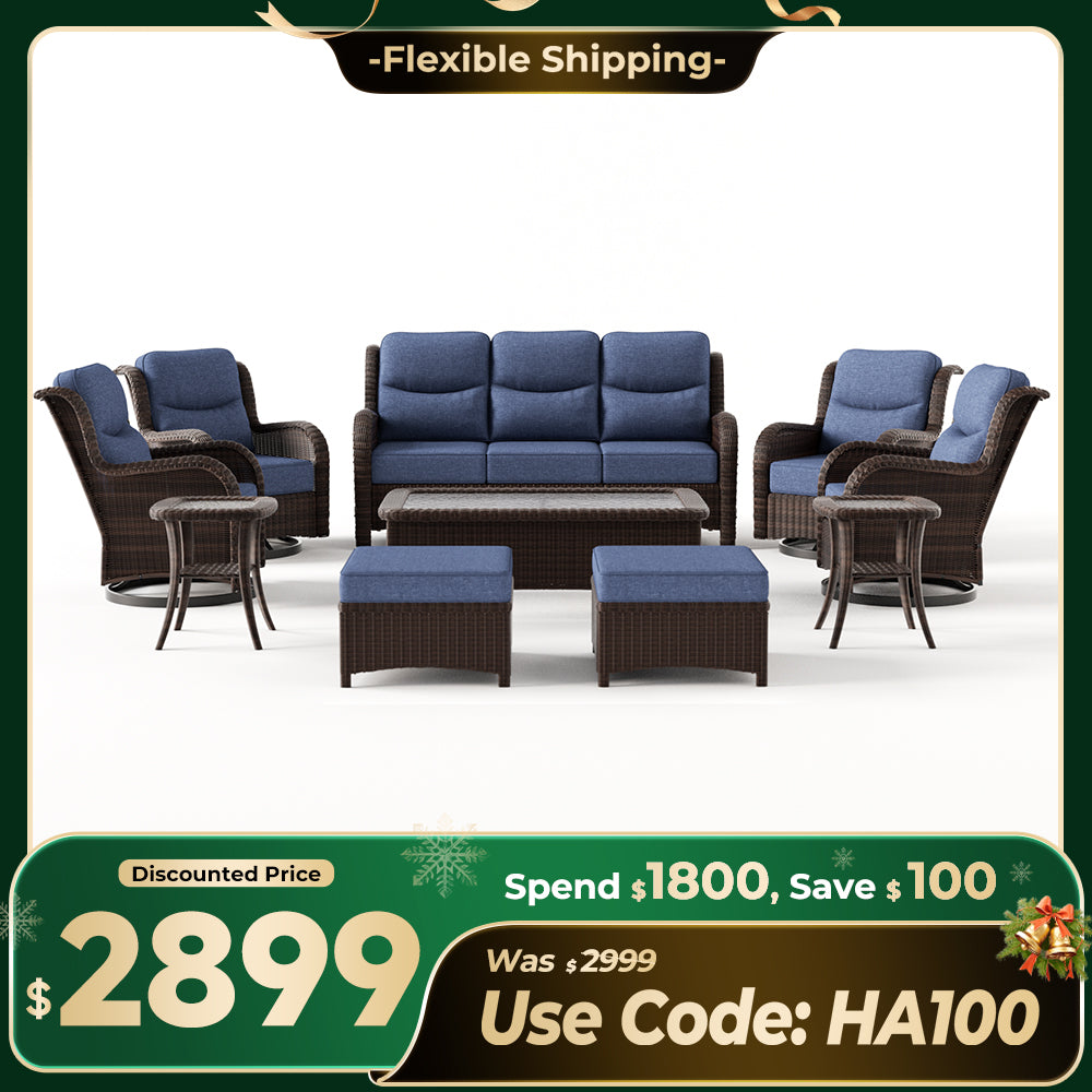 【Extra $100 OFF | CODE: HA100】Ardenelle Luxury 10 Piece Patio Wicker Sofa Set With Ottomans, Tables And Covers