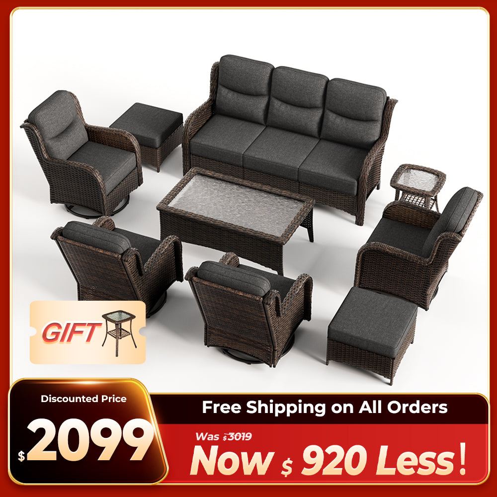 Hawthorne 9 Pieces All Weather Outdoor Wicker Sofa Set with Tables and Cushions for Backyard