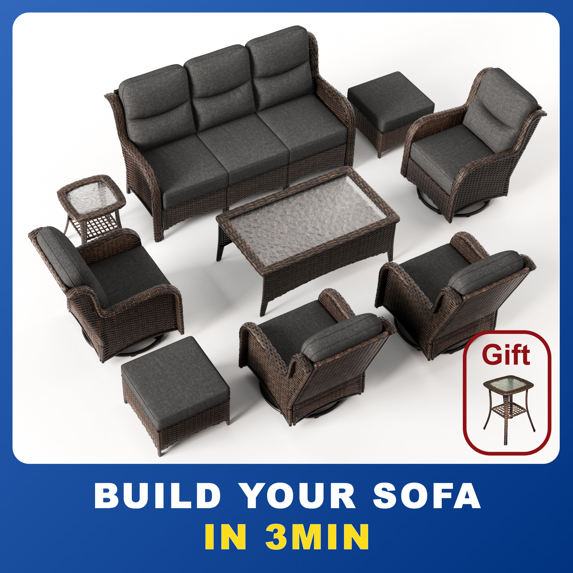 【Quick Assembly Collection】Patio Wicker 3-Min Sofa Furniture Set