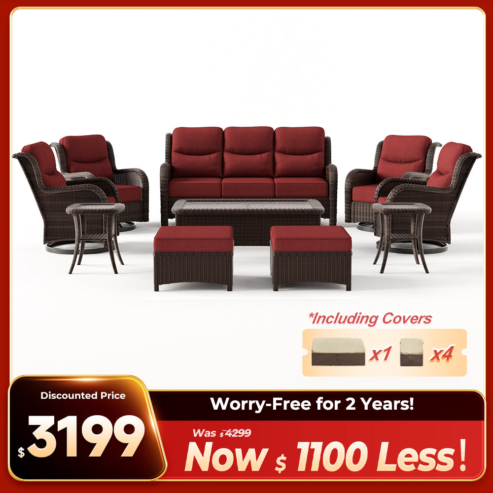 Ardenelle Luxury 10 Piece Patio Wicker Sofa Set With Ottomans, Tables