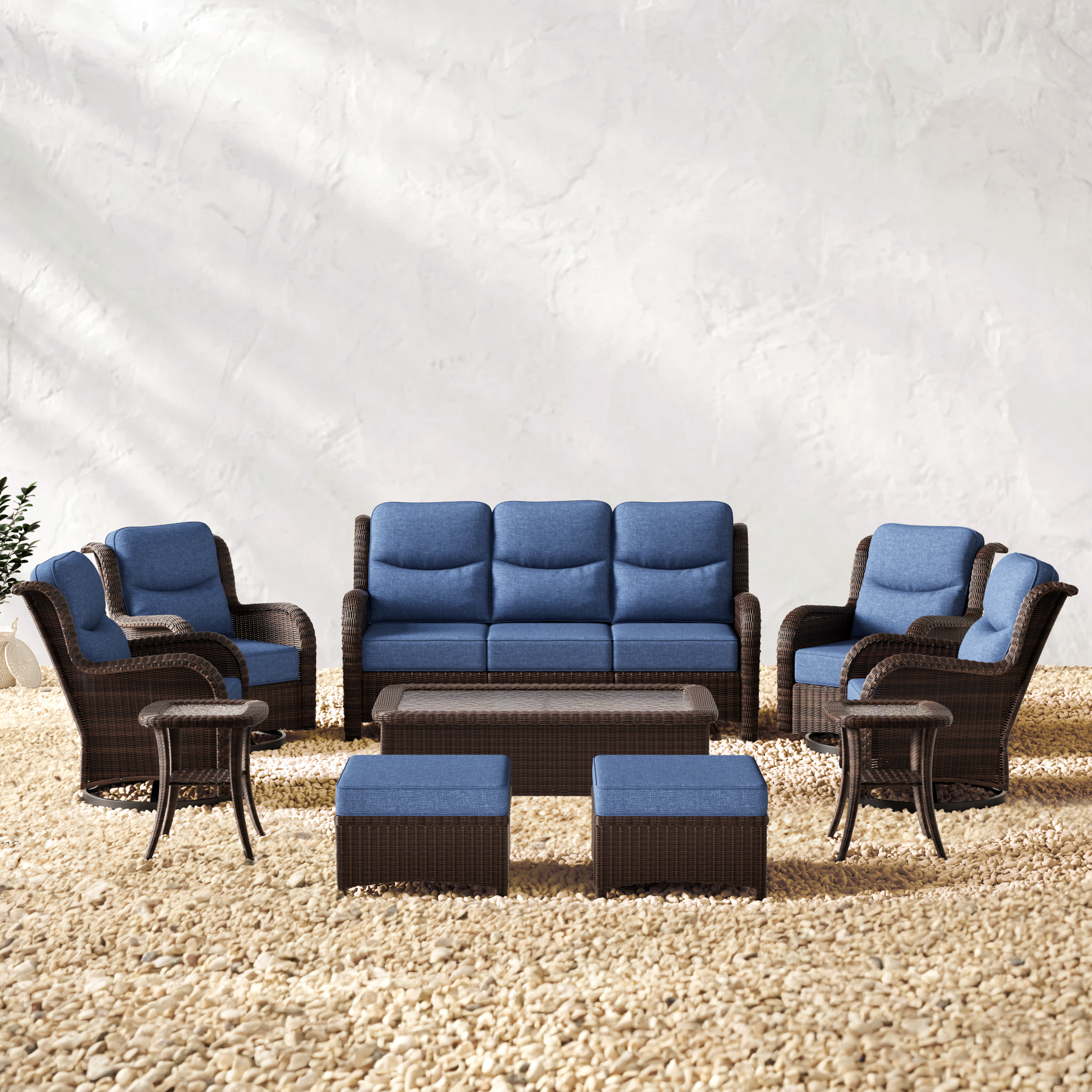 Ardenelle Luxury 9 Piece Patio Wicker Sofa Set With Ottomans, Tables And Covers
