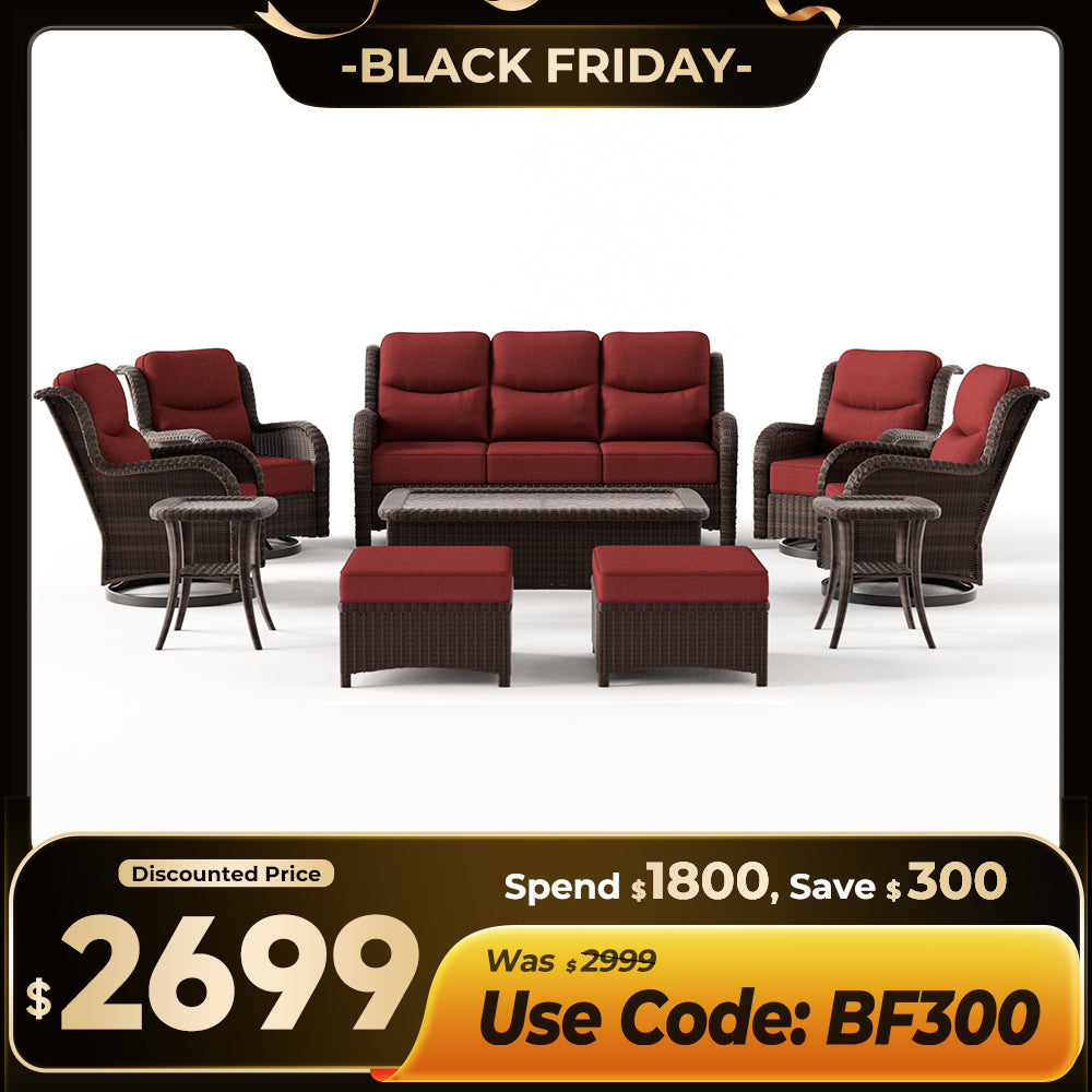 【Extra $300 OFF | CODE: BF300】Ardenelle Luxury 10 Piece Patio Wicker Sofa Set With Ottomans, Tables And Covers