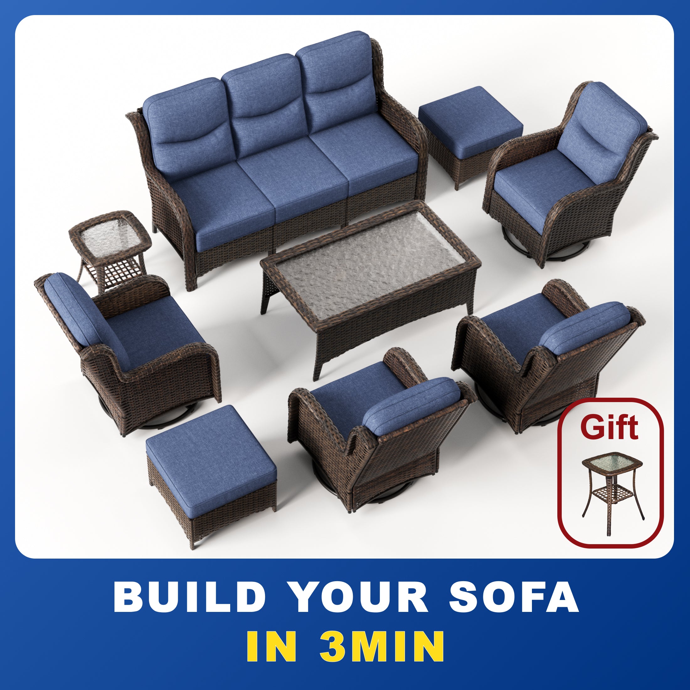 【Quick Assembly Collection】Patio Wicker 3-Min Sofa Furniture Set