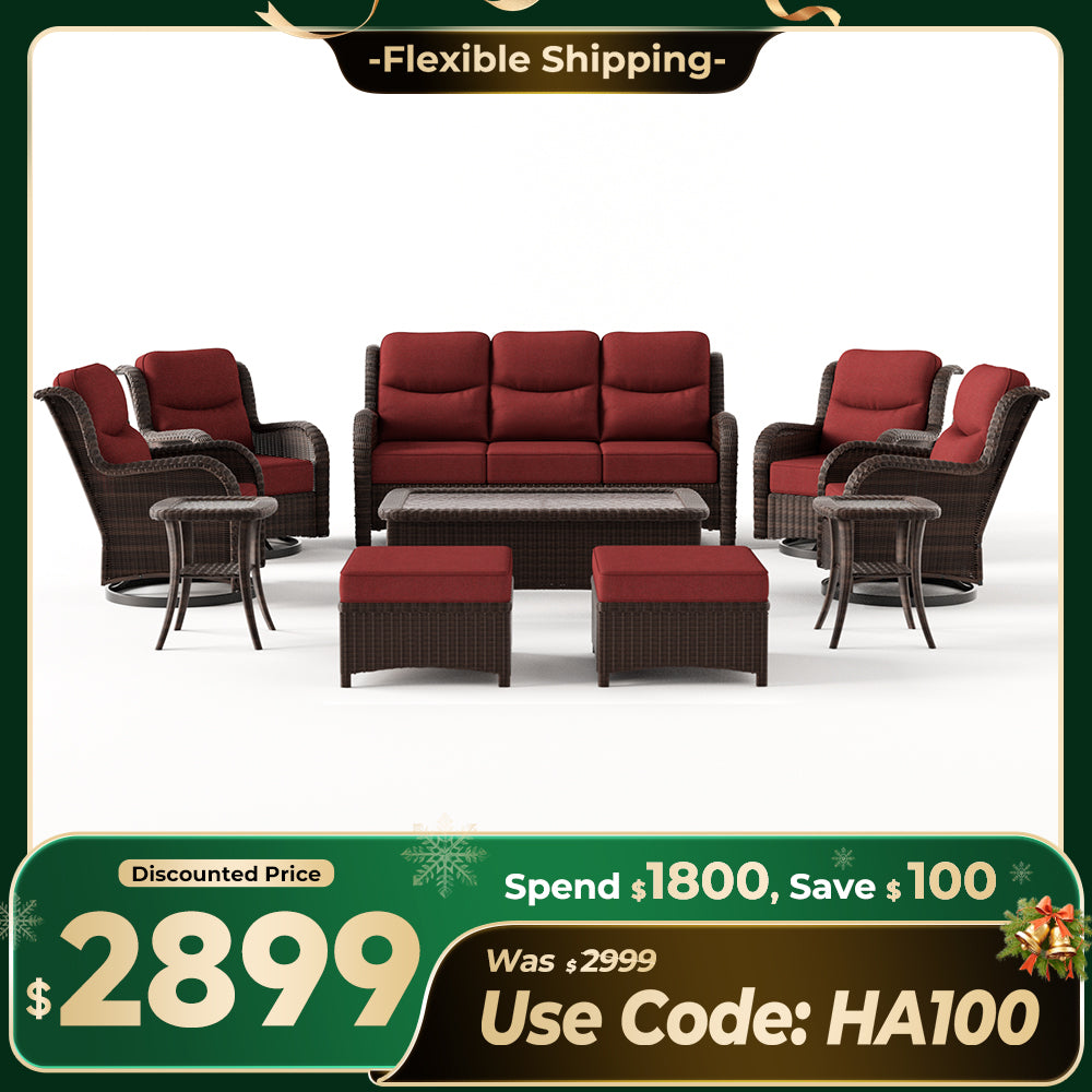 【Extra $100 OFF | CODE: HA100】Ardenelle Luxury 10 Piece Patio Wicker Sofa Set With Ottomans, Tables And Covers