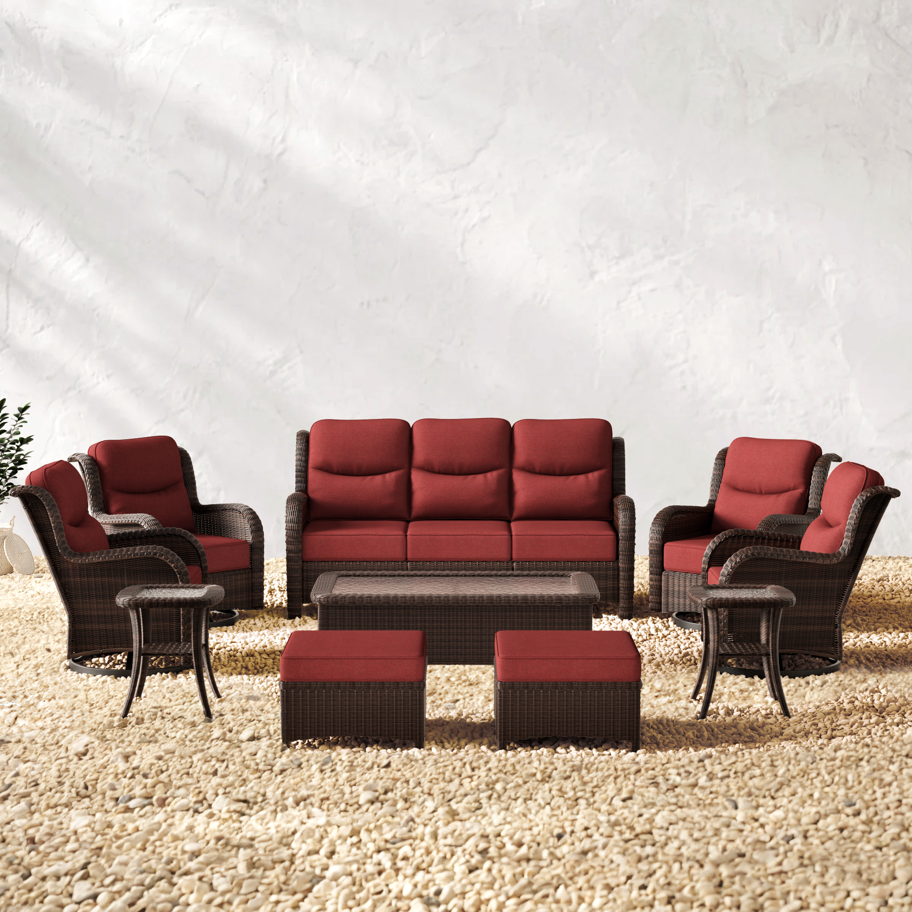 Ardenelle Luxury 9 Piece Patio Wicker Sofa Set With Ottomans, Tables And Covers