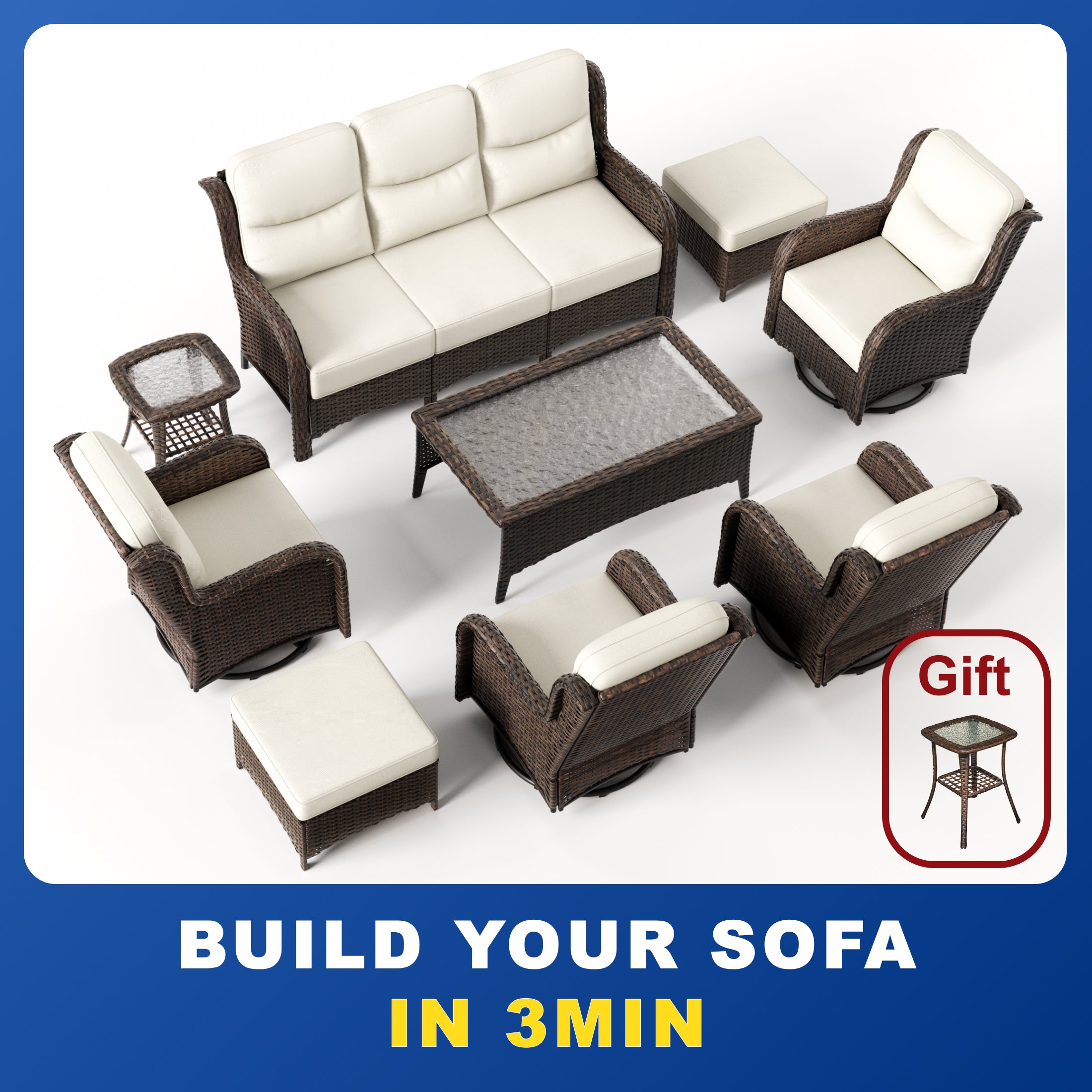 【Quick Assembly Collection】Patio Wicker 3-Min Sofa Furniture Set