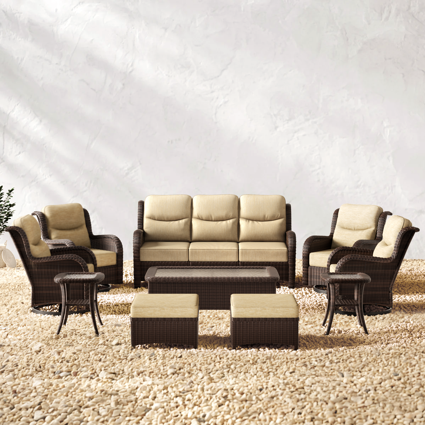 Ardenelle Luxury Patio Furniture Wicker 3-Seater Sofa & Outdoor Swivel Glider Chairs In Sand With High Back 6-Inch Thick Cushions For Porch, Deck, Backyard