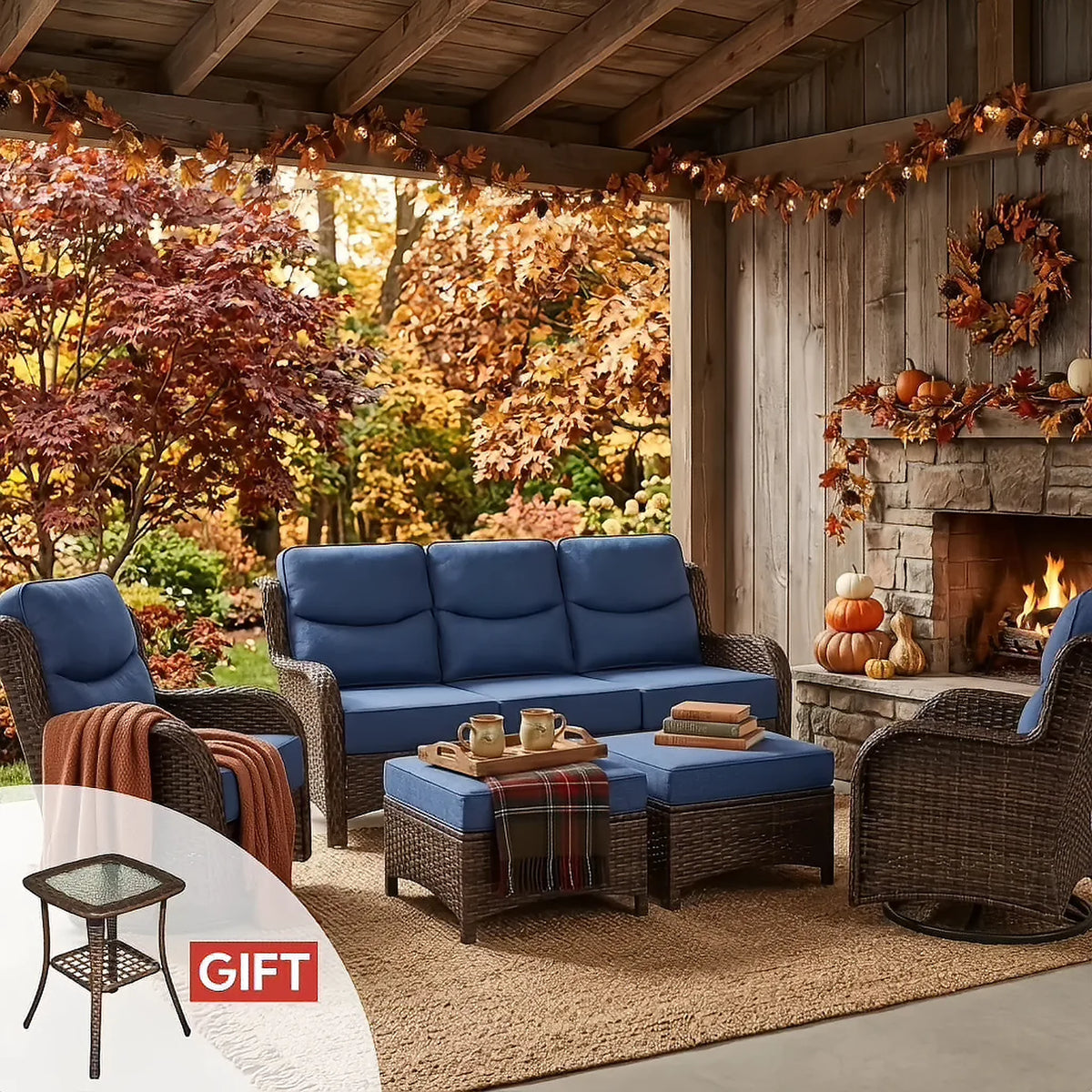 Hawthorne 5 Piece Patio Rattan Sofa Set with Swivel Chairs & Ottomans