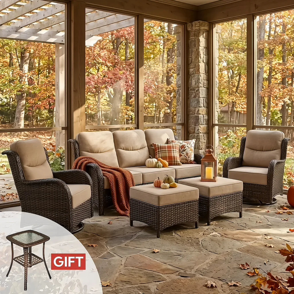 Hawthorne 5 Piece Patio Rattan Sofa Set with Swivel Chairs & Ottomans
