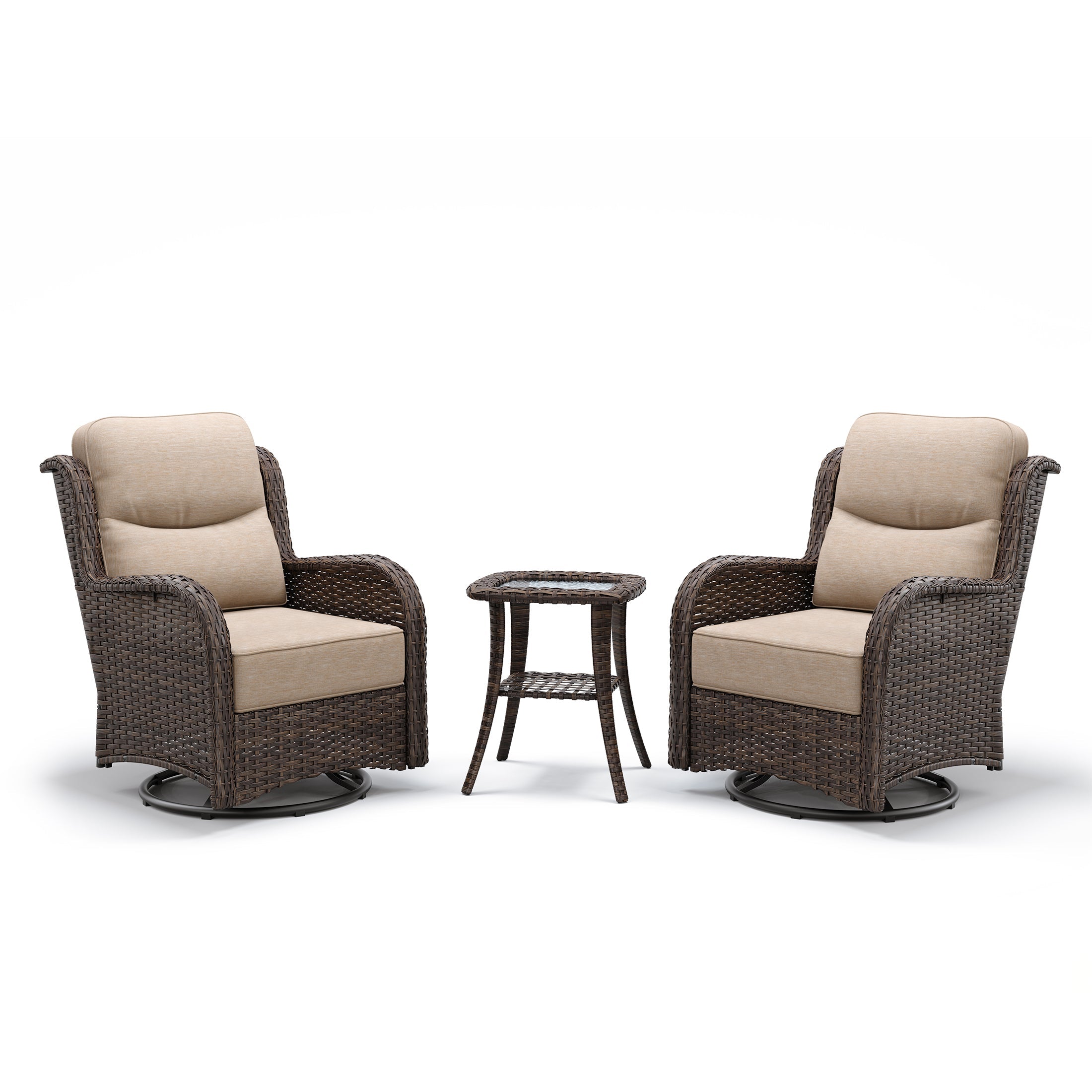 Hawthorne 3 Piece Outdoor Wicker 360° Swivel Conversation Set With Cushions & Side Table For Porch