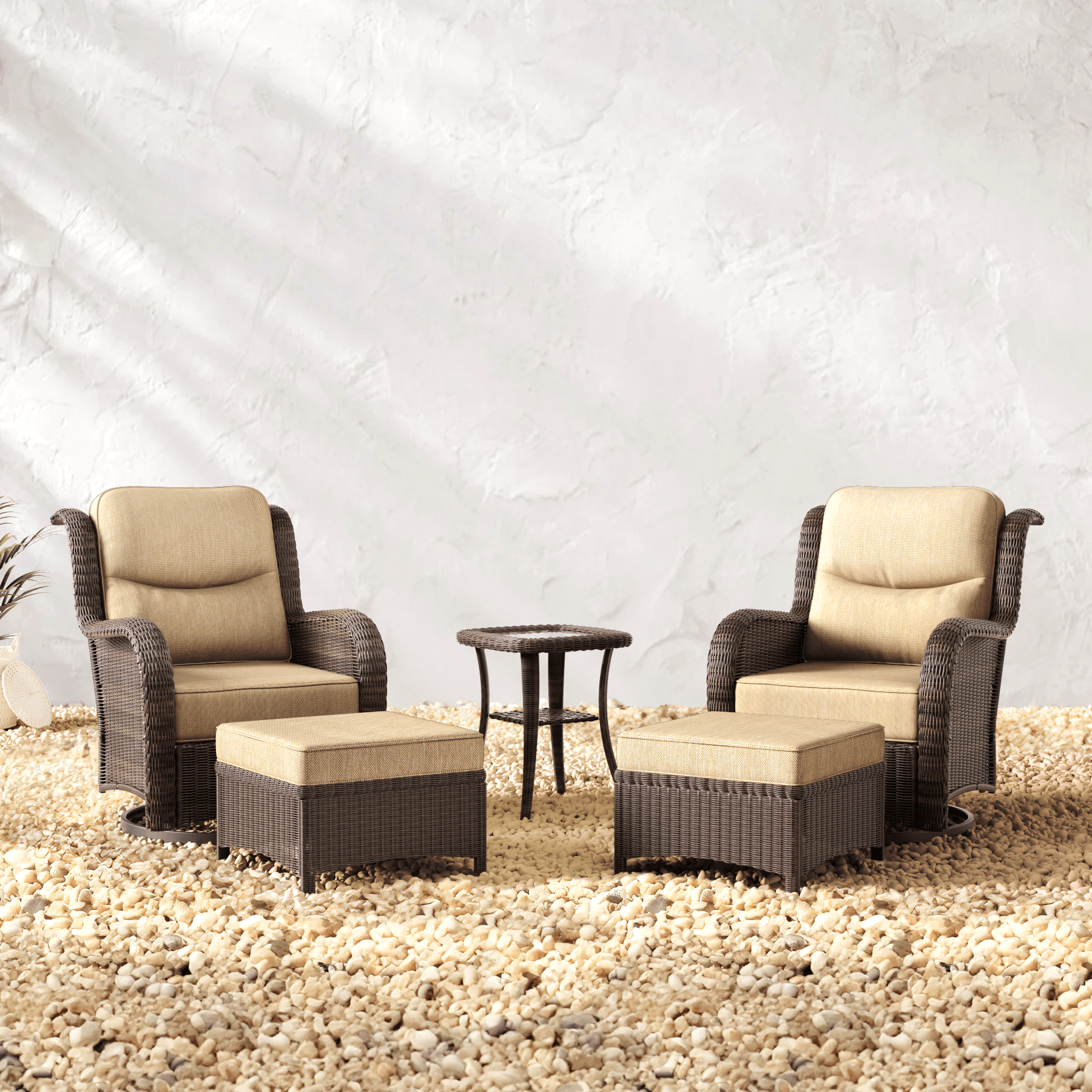 Ardenelle 5 Piece Patio Wicker Conversation Set With Ottomans