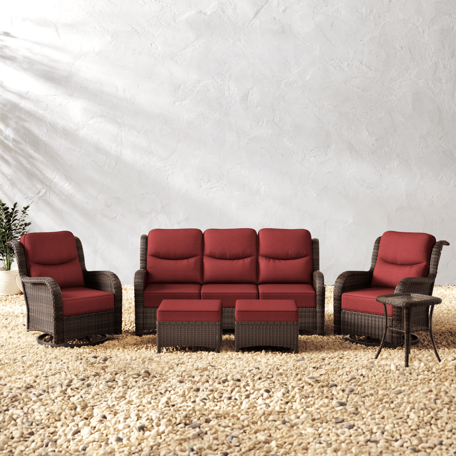 Ardenelle Luxury 6 Piece Patio Wicker Sofa Set With Ottomans, Side tables