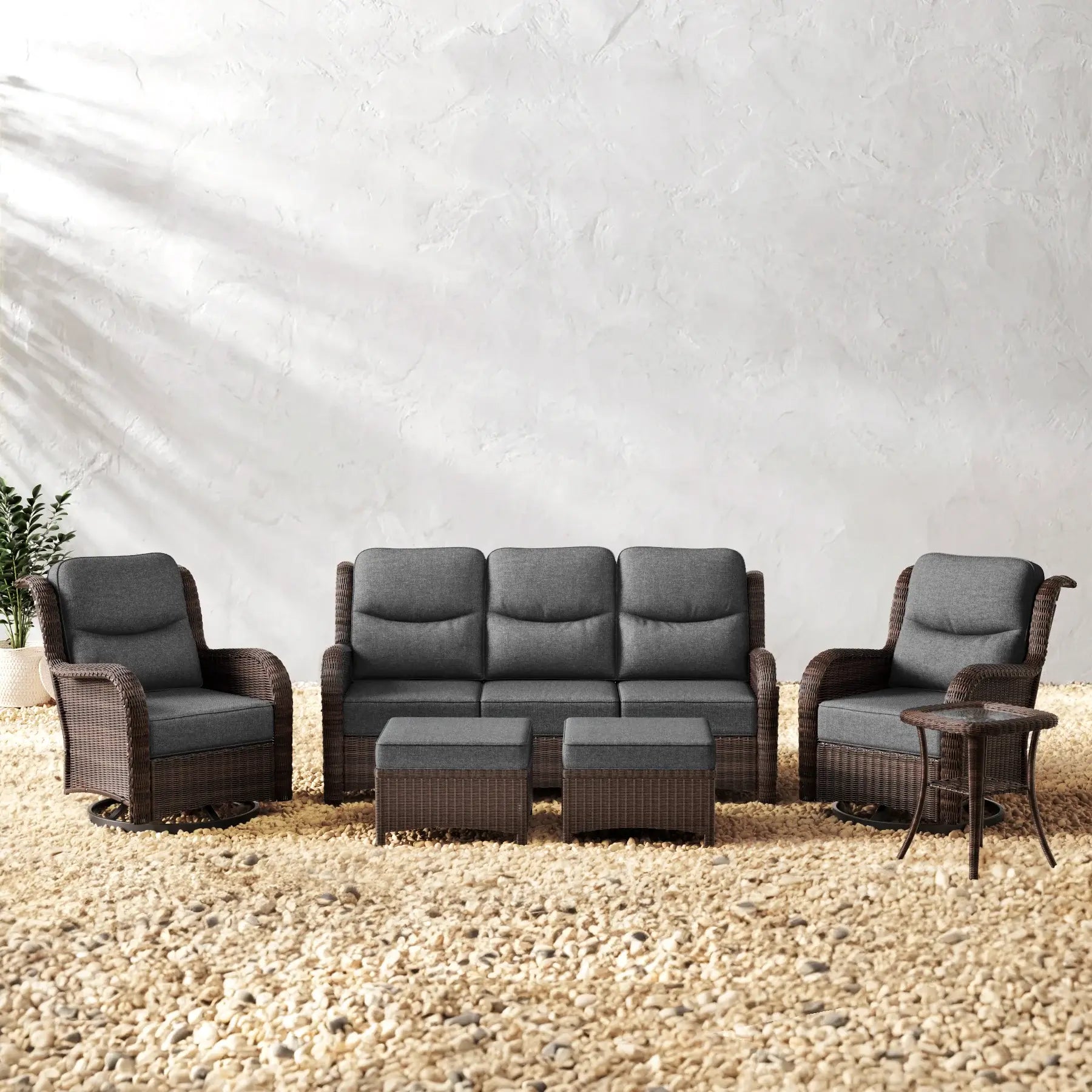 Ardenelle Luxury 6 Piece Patio Wicker Sofa Set With Ottomans, Side tables