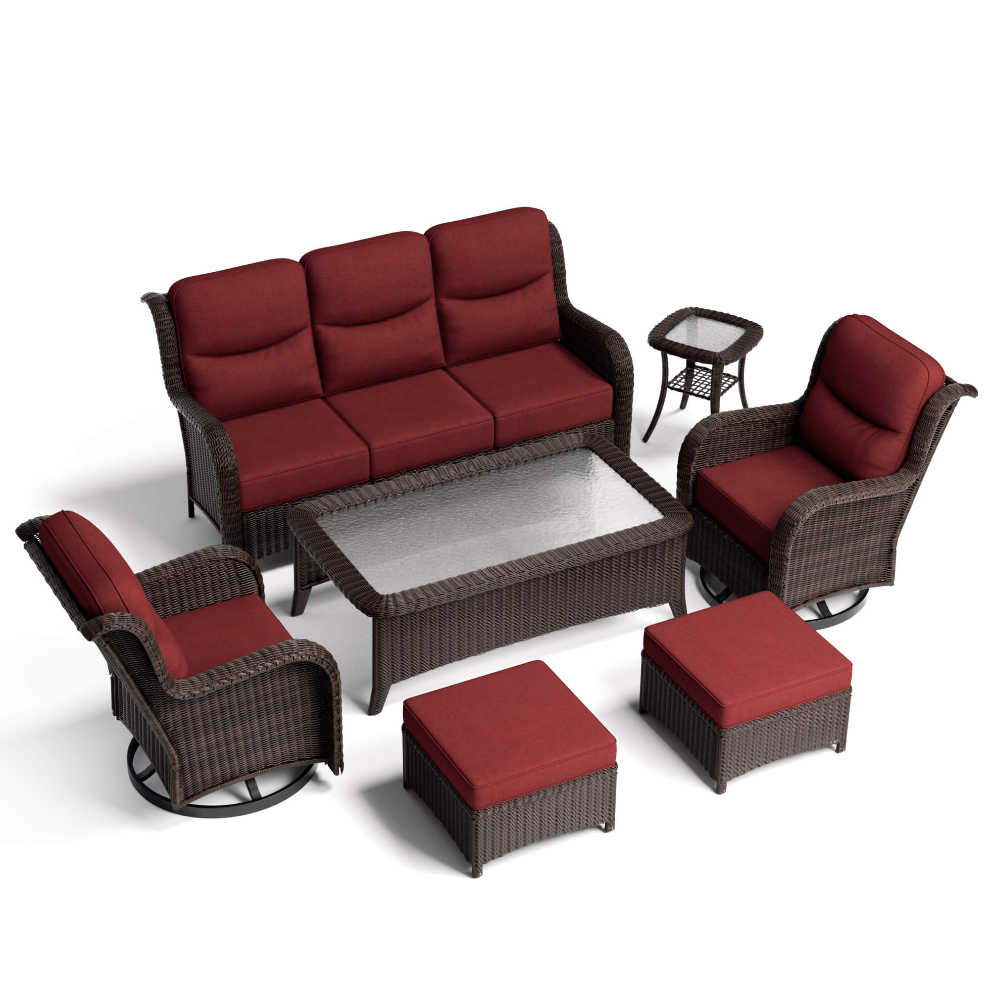 Ardenelle Luxury 7 Piece Patio Wicker Sofa Set With Ottomans, Tables