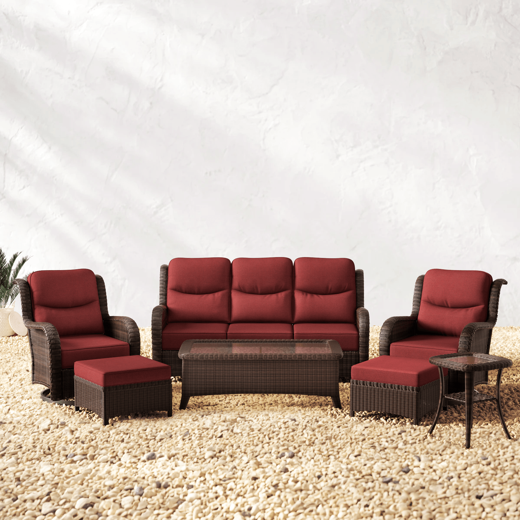 Ardenelle Luxury 7 Piece Patio Wicker Sofa Set With Ottomans, Tables