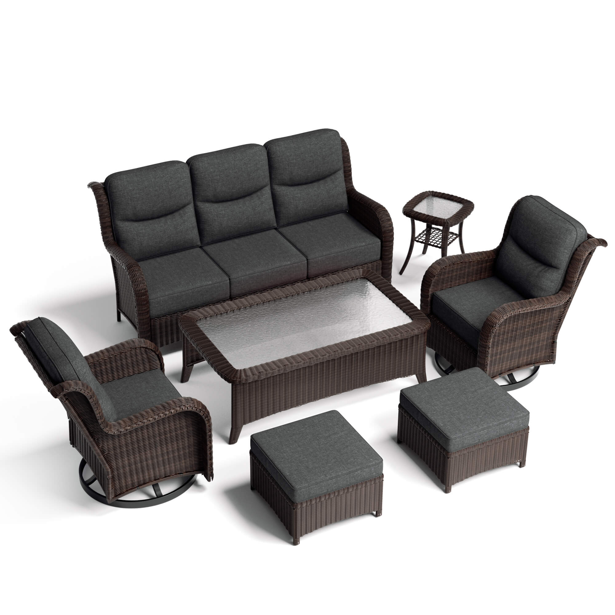 Ardenelle Luxury 7 Piece Patio Wicker Sofa Set With Ottomans, Tables