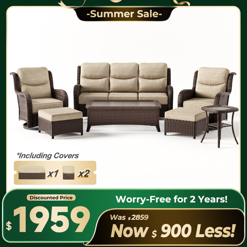 Ardenelle Luxury 7 Piece Patio Wicker Sofa Set With Ottomans, Tables