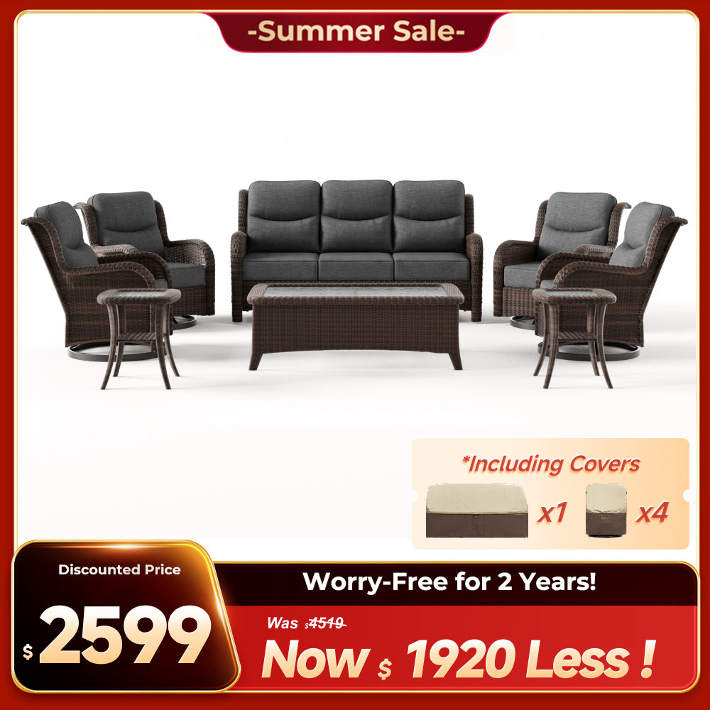 Ardenelle Luxury 7 Piece Patio Wicker Sofa Set With Tables