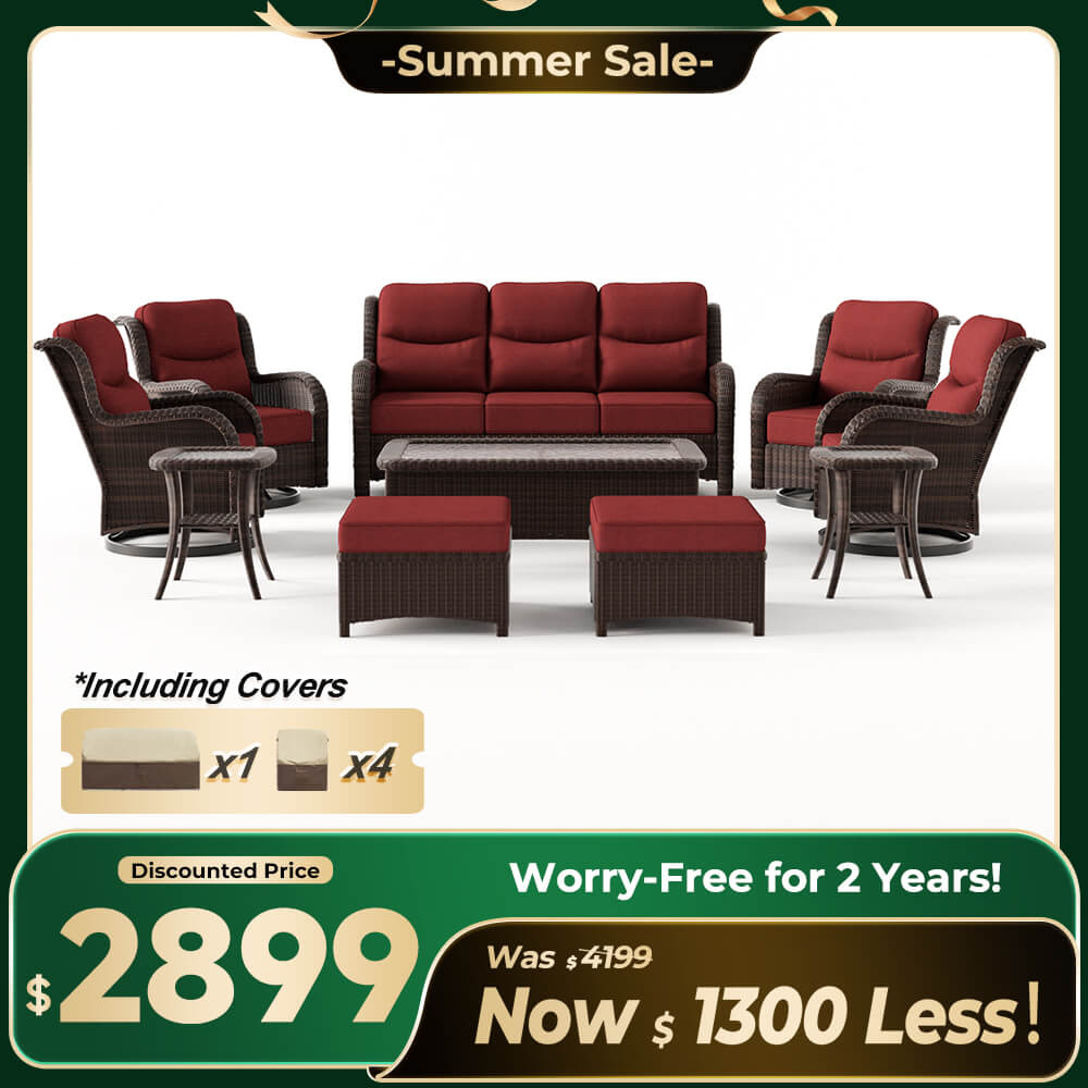 Ardenelle Luxury 10 Piece Patio Wicker Sofa Set With Ottomans, Tables