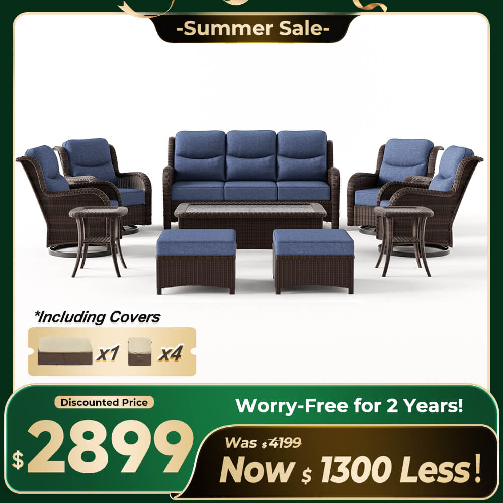Ardenelle Luxury 10 Piece Patio Wicker Sofa Set With Ottomans, Tables