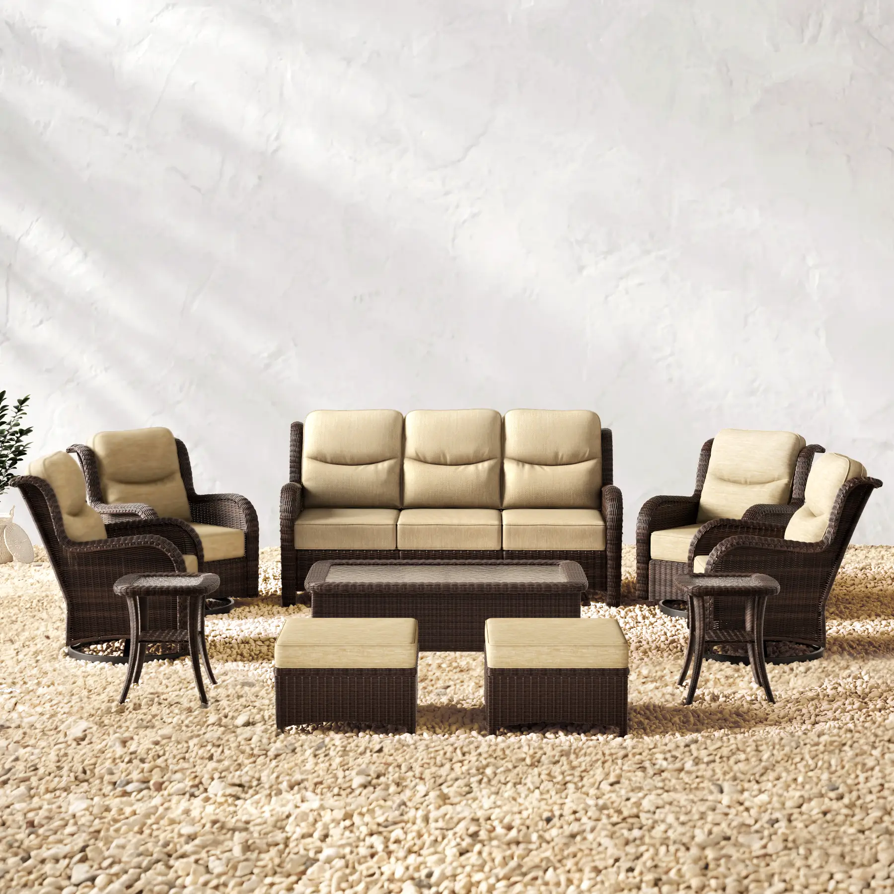 Ardenelle Luxury 10 Piece Patio Wicker Sofa Set With Ottomans, Tables