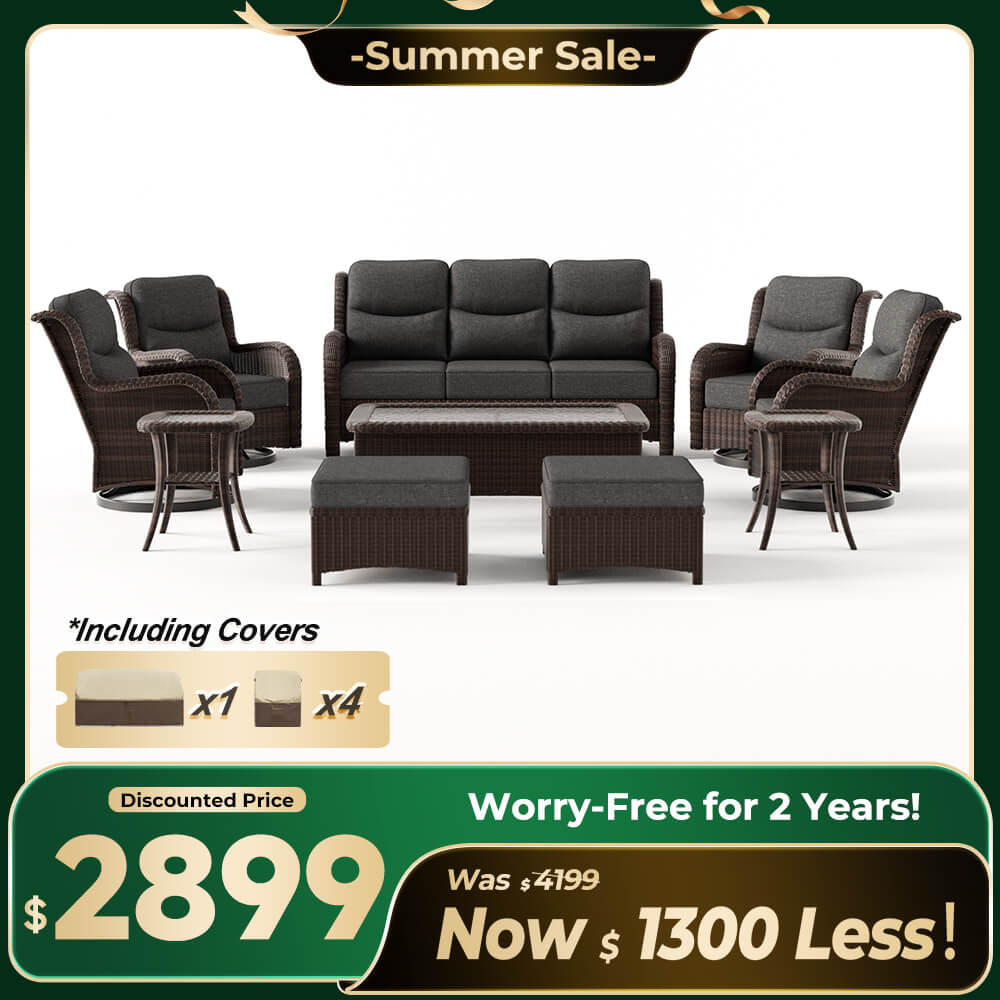 Ardenelle Luxury 10 Piece Patio Wicker Sofa Set With Ottomans, Tables