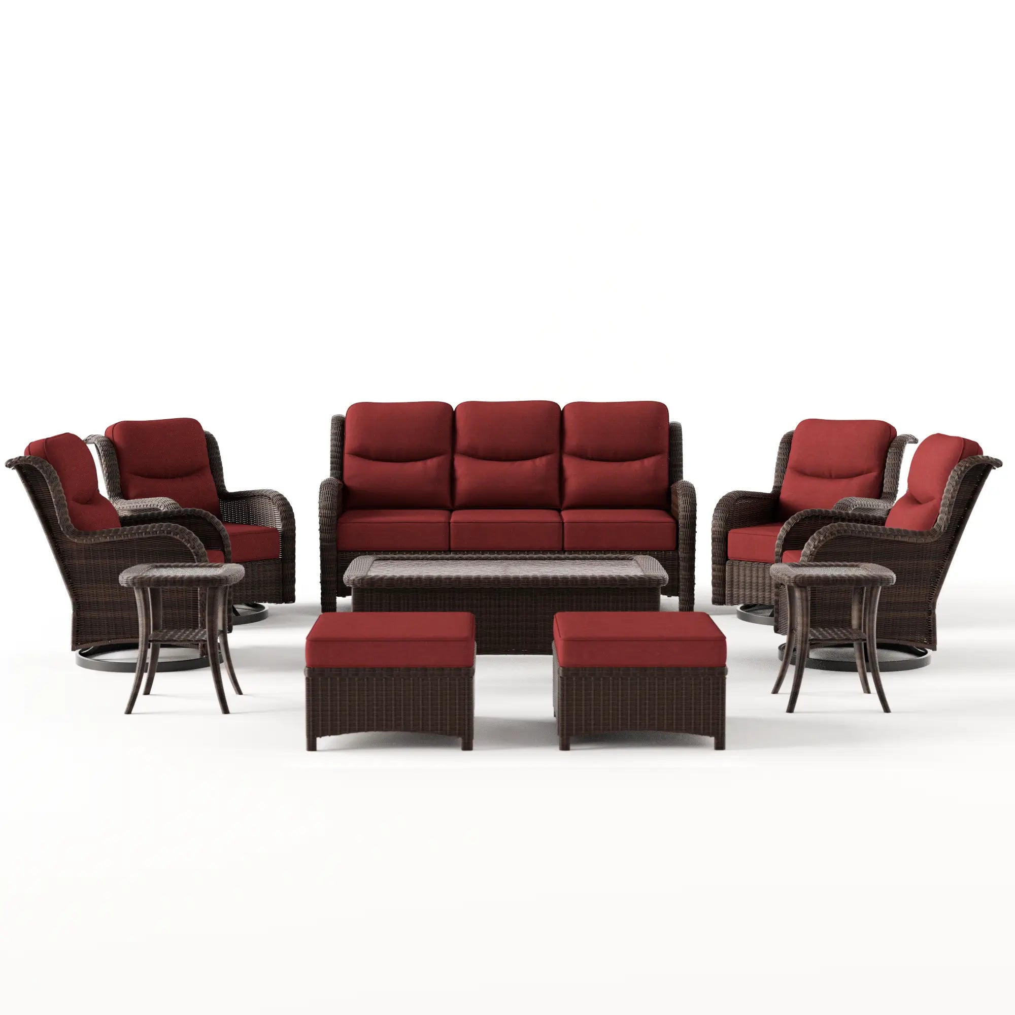 Ardenelle Luxury 10 Piece Patio Wicker Sofa Set With Ottomans, Tables