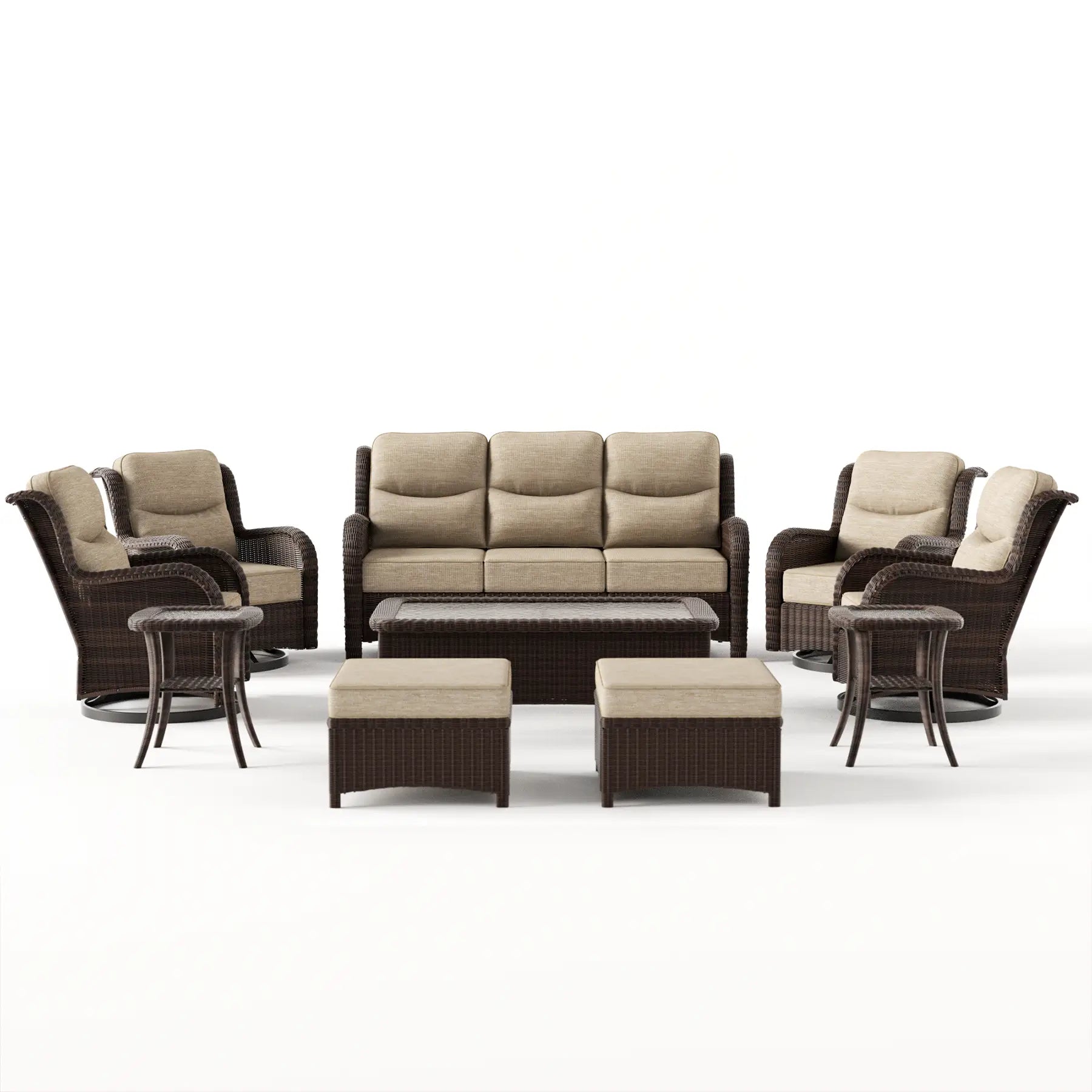 Ardenelle Luxury 10 Piece Patio Wicker Sofa Set With Ottomans, Tables